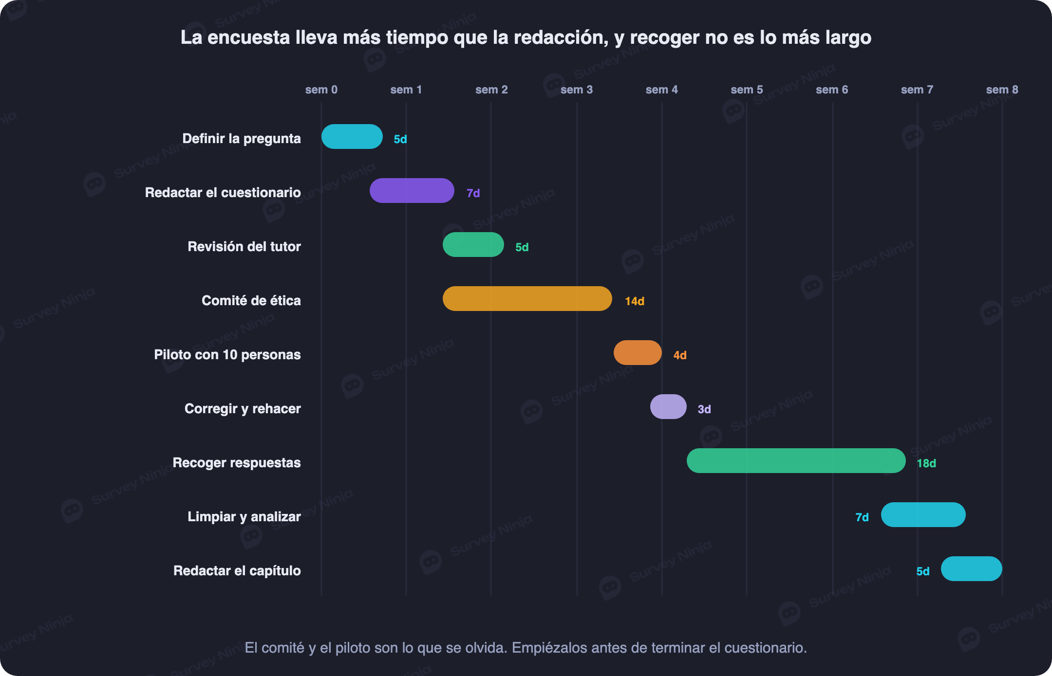 Línea de tiempo de las etapas de una encuesta para tesis con la duración realista de cada una, desde definir el objetivo hasta escribir la metodología