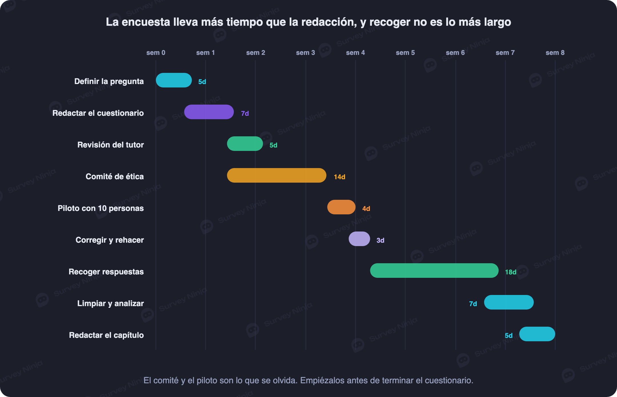 Línea de tiempo de las etapas de una encuesta para tesis con la duración realista de cada una, desde definir el objetivo hasta escribir la metodología