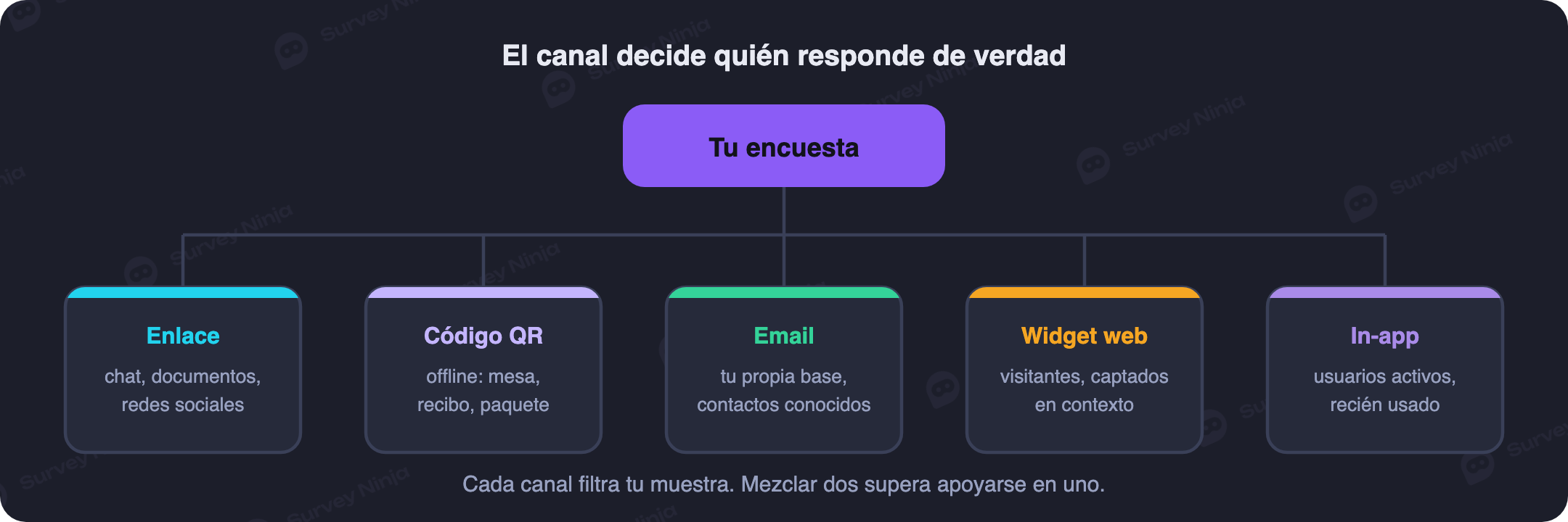 Cinco canales de difusión de encuestas: enlace directo, código QR, email, widget del sitio web y aviso en la app, y a quién llega cada uno