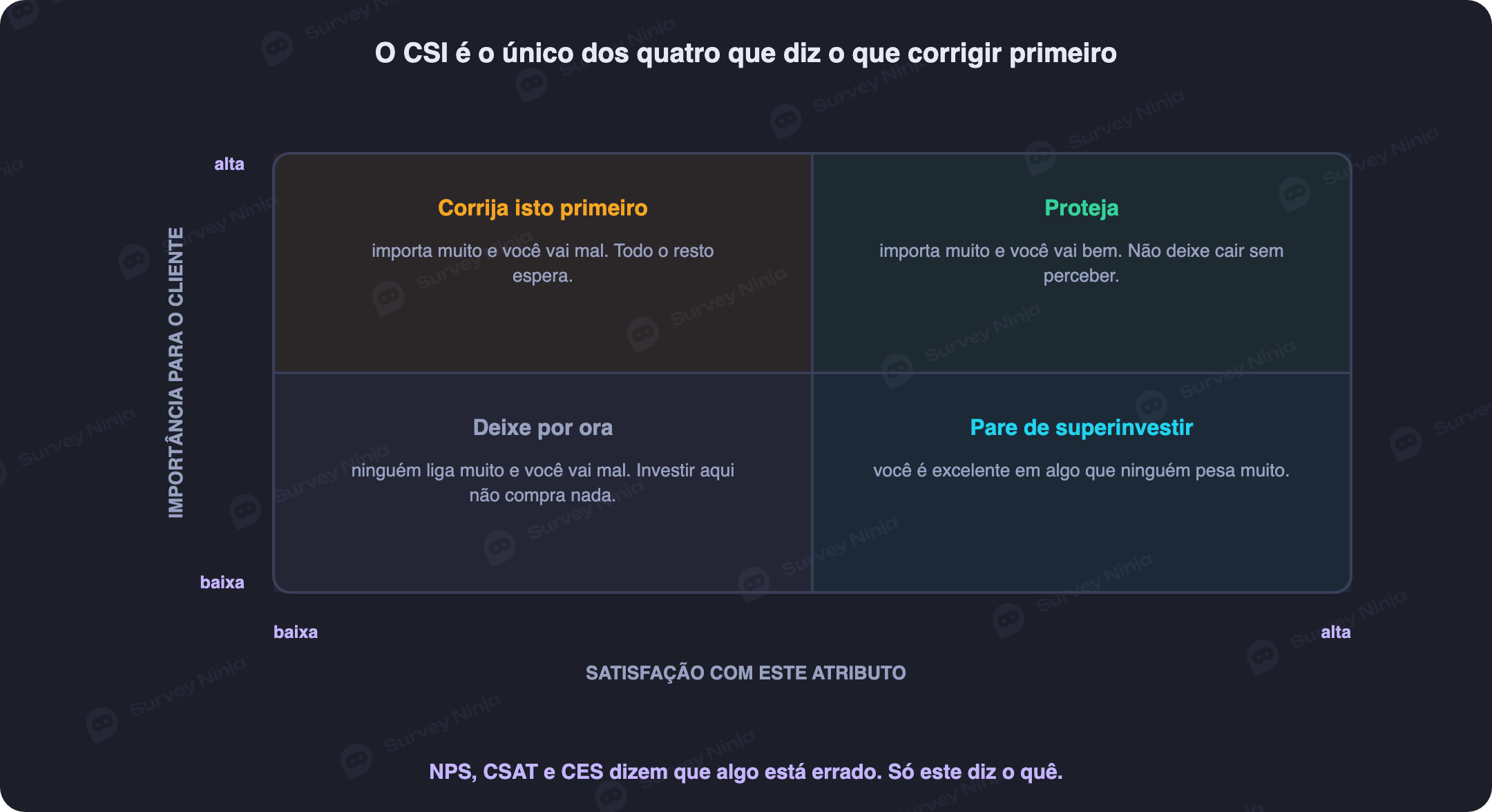 Quadrante de prioridade do CSI com importância em um eixo e satisfação no outro, marcando o que consertar primeiro, o que proteger, o que observar e o que deixar em paz