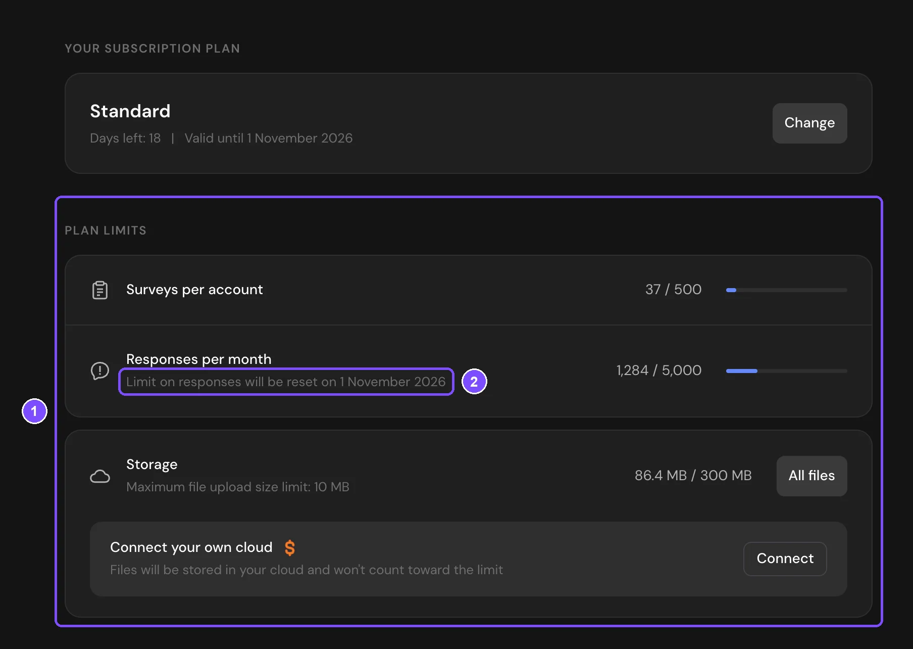 Plan limits block on the Billing page with Surveys per account, Responses per month and the reset date