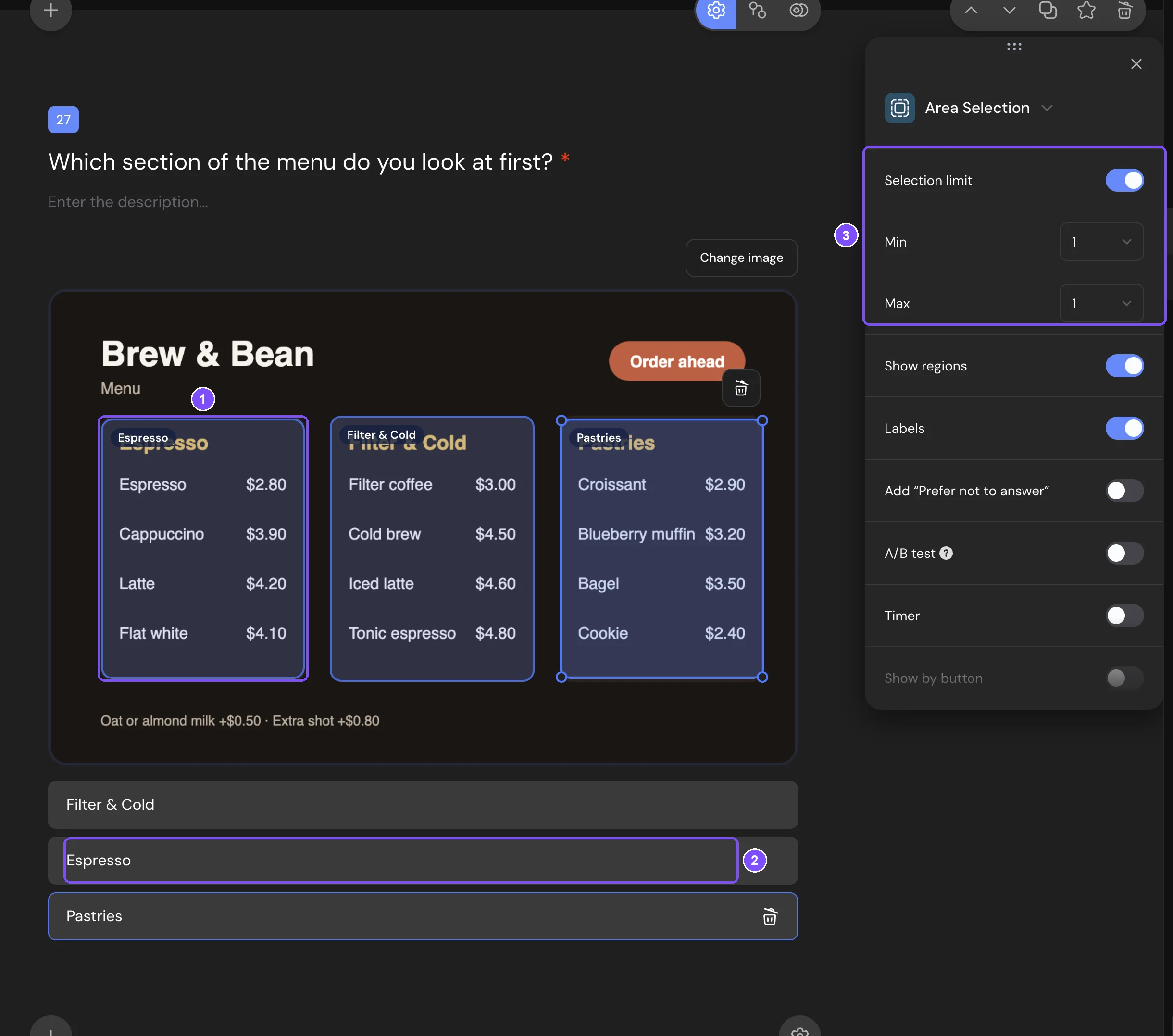 Area Selection in Builder with three named regions and the settings panel