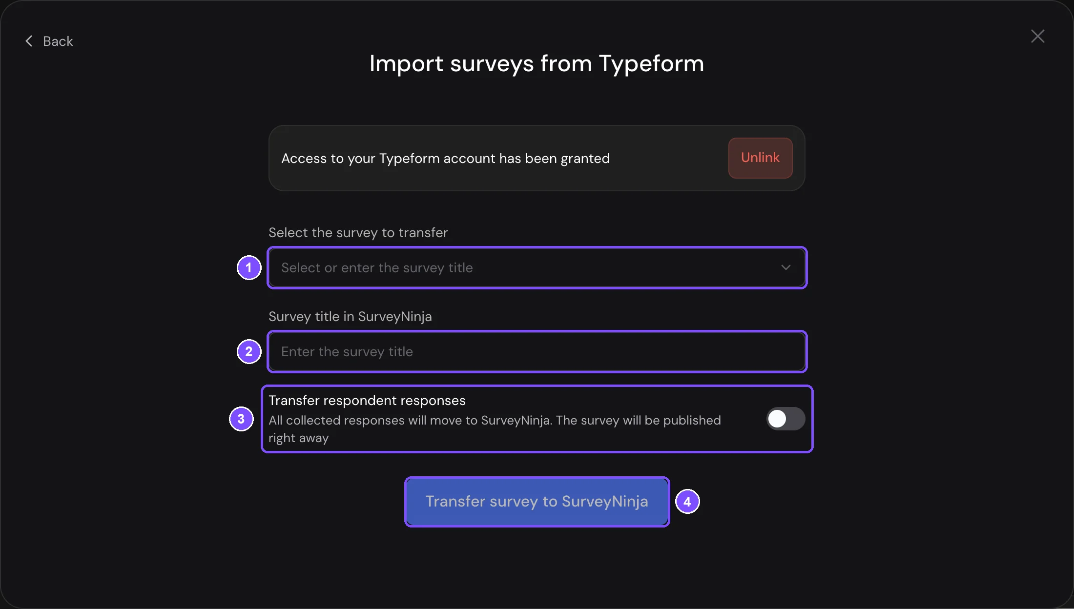 The Import surveys from Typeform window with the survey list, the title field, the Transfer respondent responses switch and the transfer button