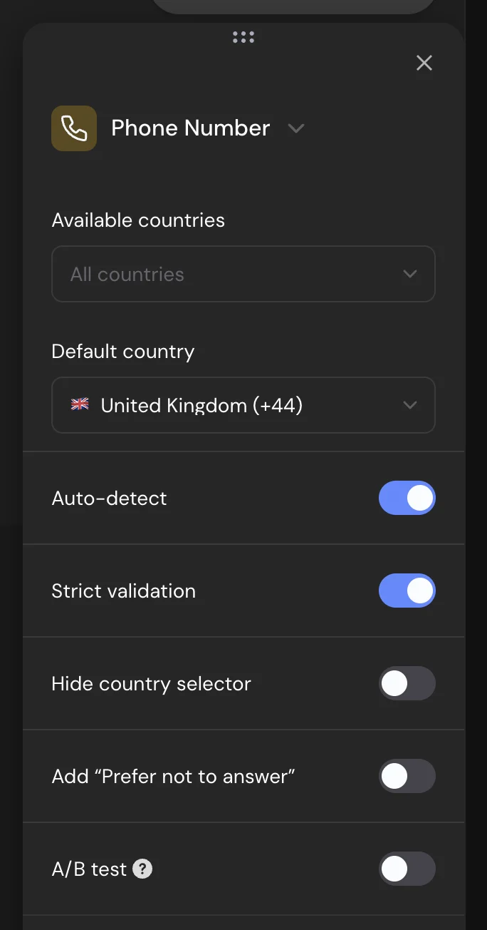 Phone Number settings: Available countries, Default country, Auto-detect, Strict validation and Hide country selector
