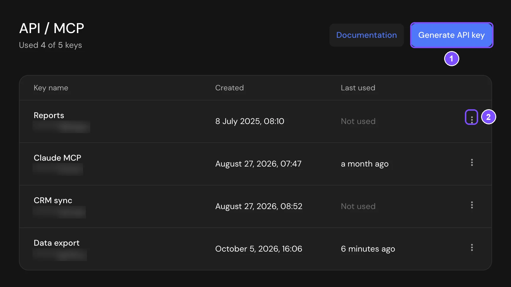API / MCP page with the list of keys and the Generate API key button