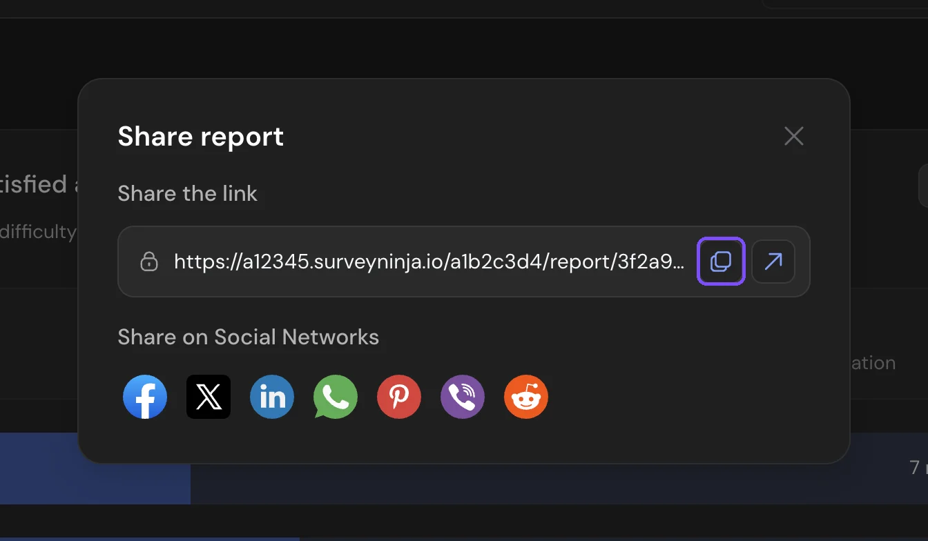 Share report window with the link and social network buttons