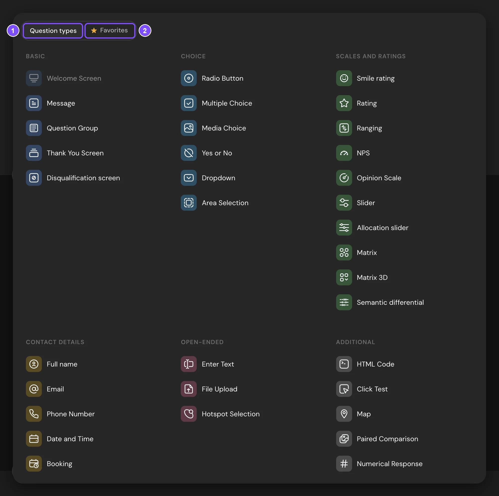 The element window with the Question types and Favorites tabs and the sections of question types