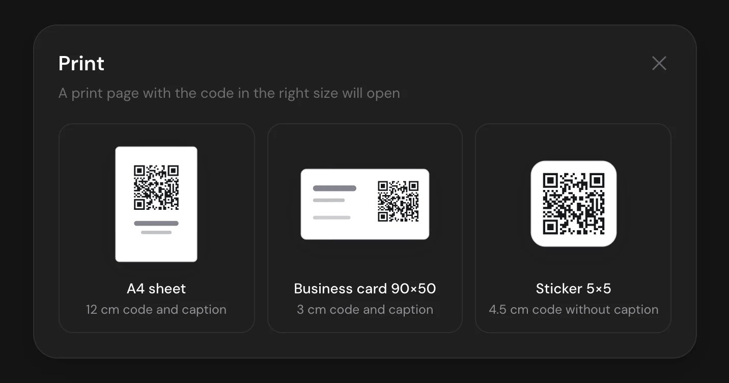 Print window with the A4 sheet, Business card 90×50 and Sticker 5×5 formats
