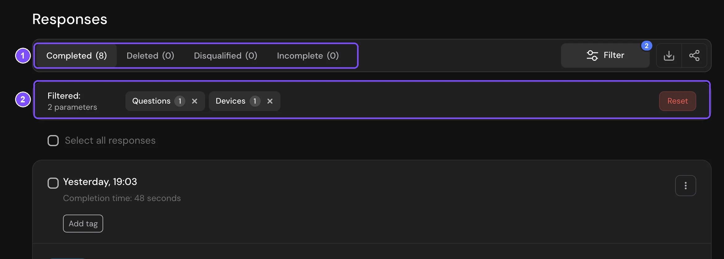 Responses tab with the status tabs and counts and the Filtered bar with the Reset button