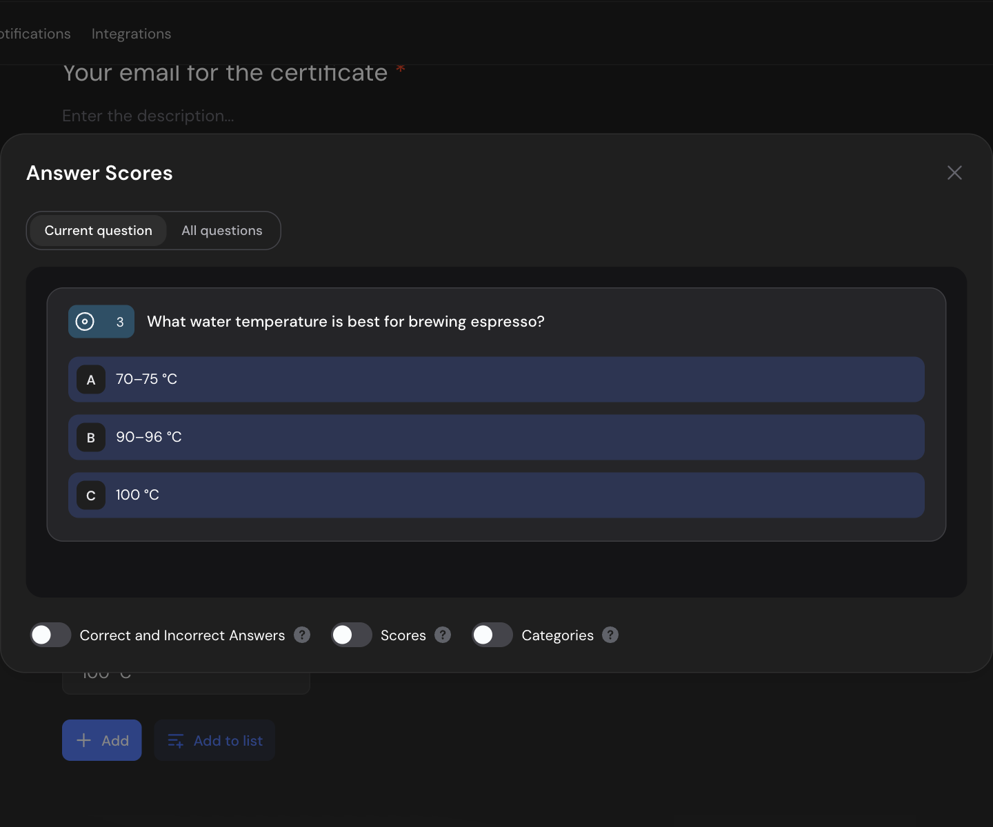 Answer Scores window on the All questions tab: switching on the modes, marking the right options and entering 1 point for each