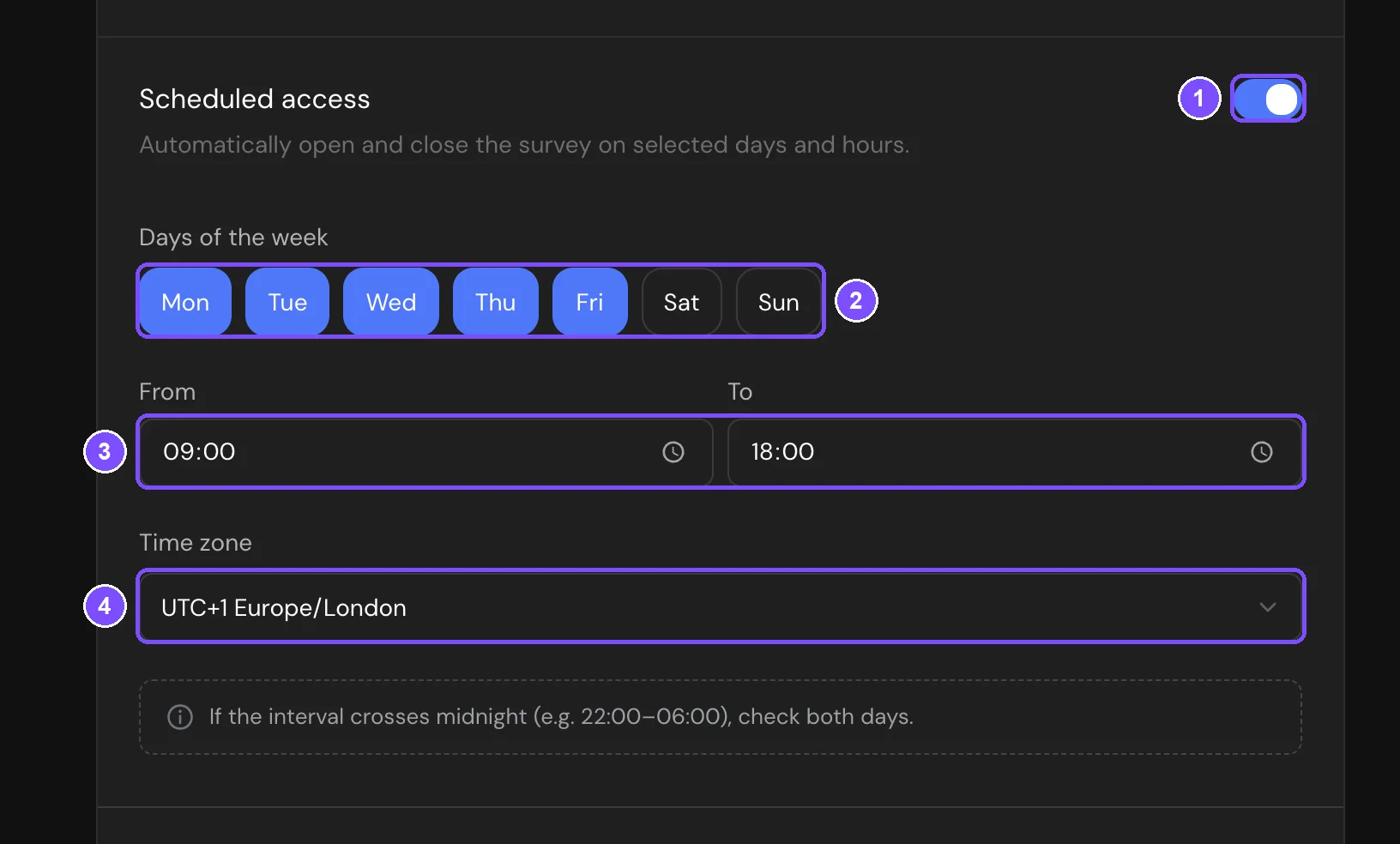 Scheduled access with Monday to Friday selected, From 09:00 To 18:00, the time zone and the hint about intervals that cross midnight