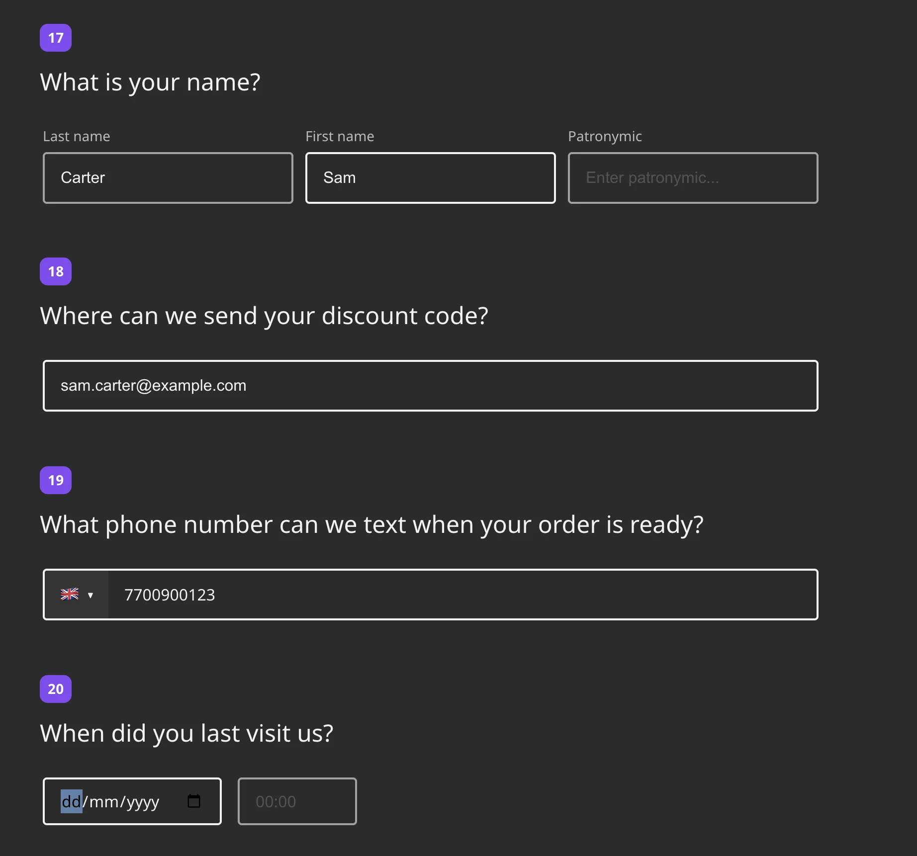 Full name, Email, Phone Number and Date and Time questions as respondents see them