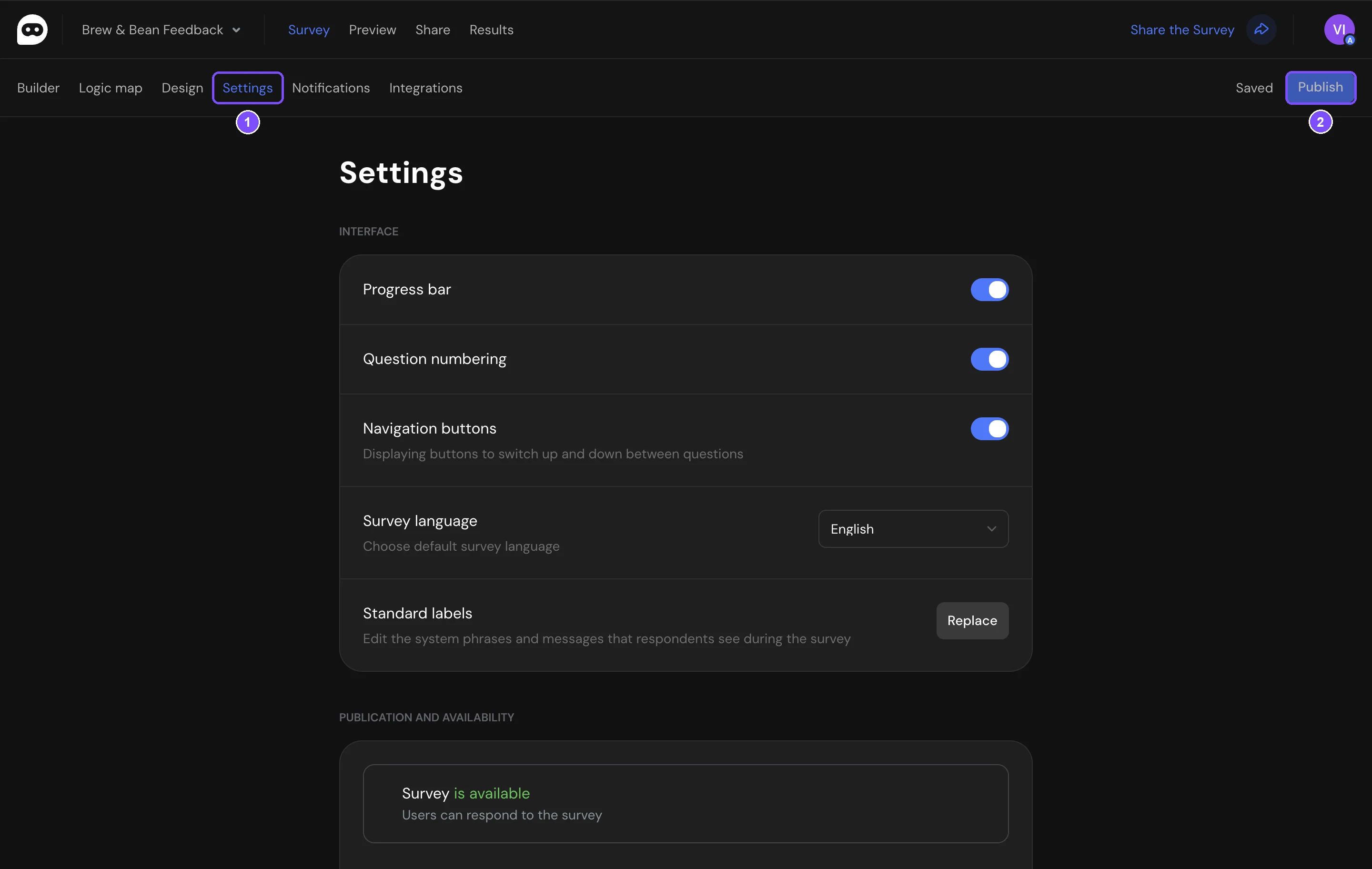 Survey Settings page with the Interface and Publication and availability sections