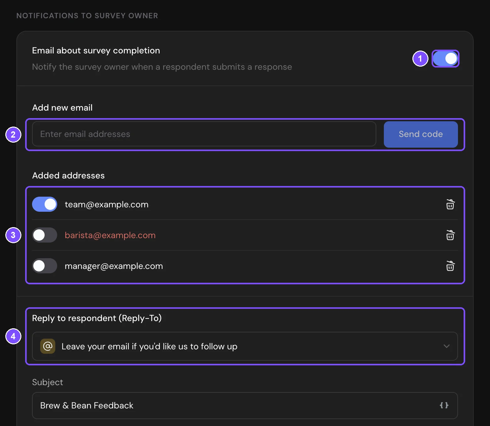 Notifications to survey owner with the Email about survey completion switch, the Add new email field, Added addresses, Reply-To and Subject