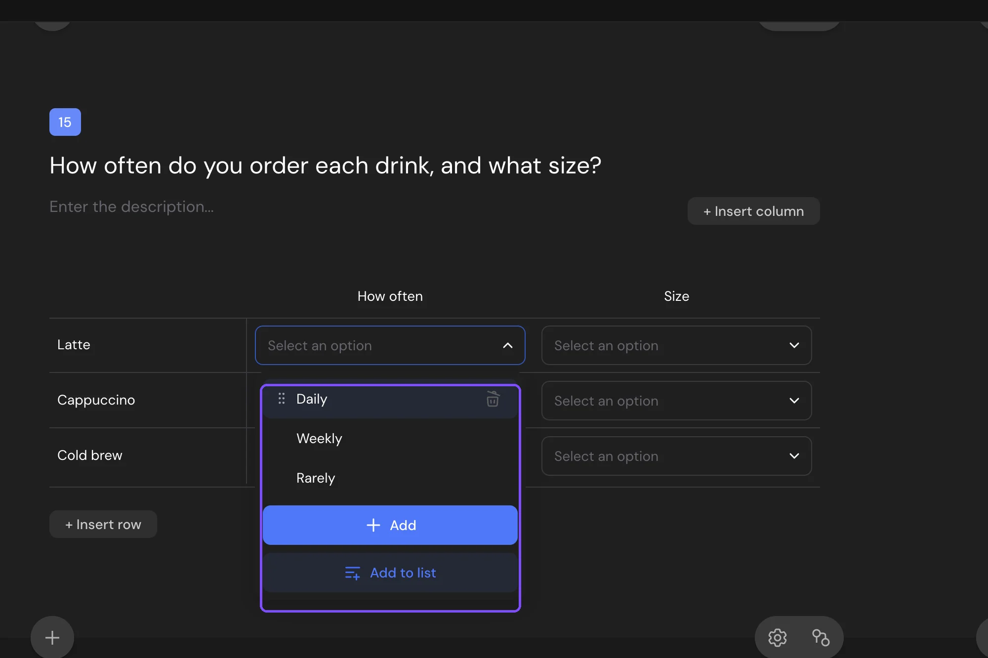 A Matrix 3D question with the dropdown options of a cell open for editing