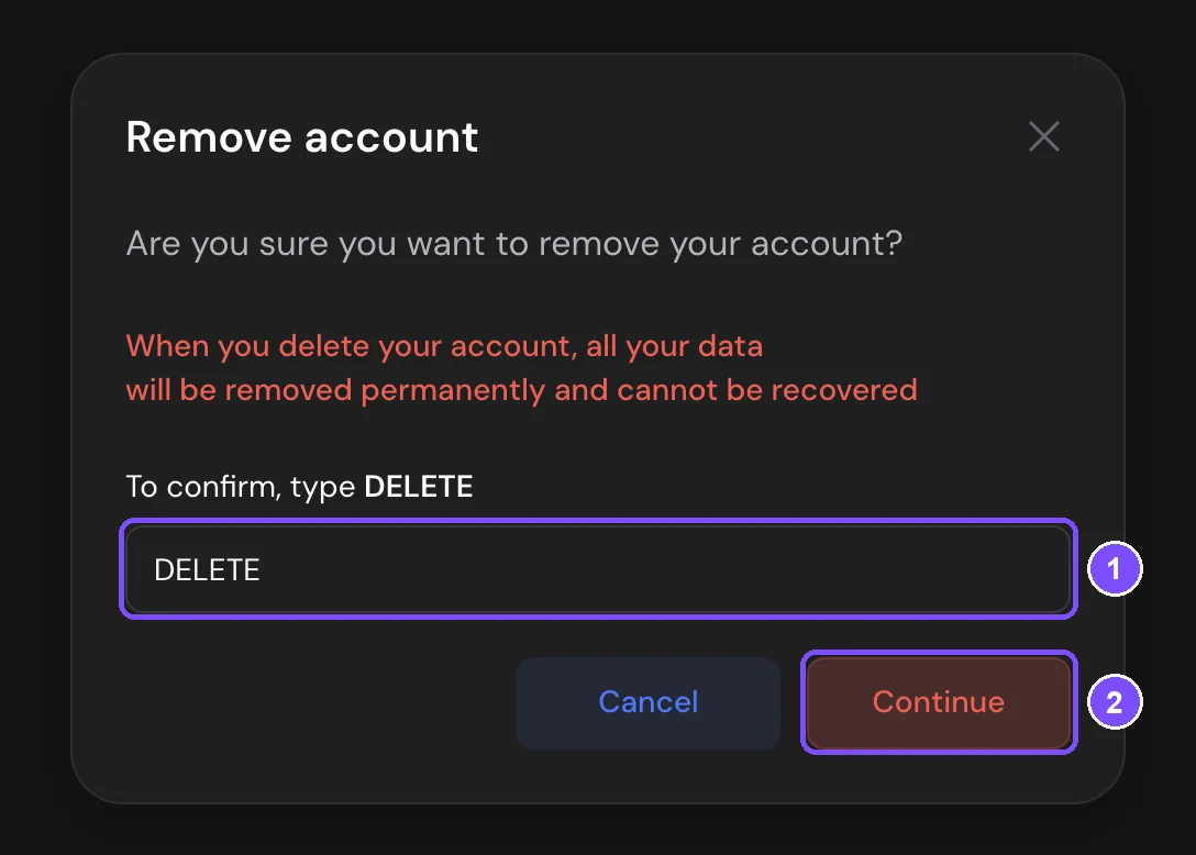 Remove account window with DELETE typed in the confirmation field and the Continue button