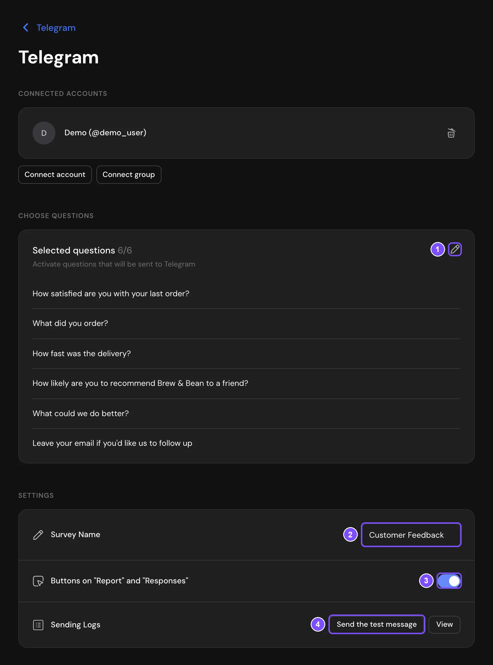 Telegram integration settings: connected accounts, questions and message settings