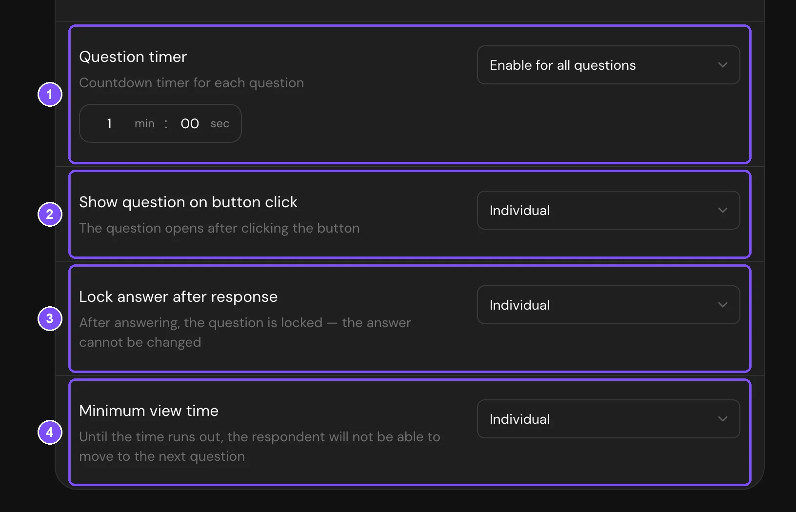 Filling behavior group with Question timer set to Enable for all questions, and Show question on button click, Lock answer after response and Minimum view time set to Individual