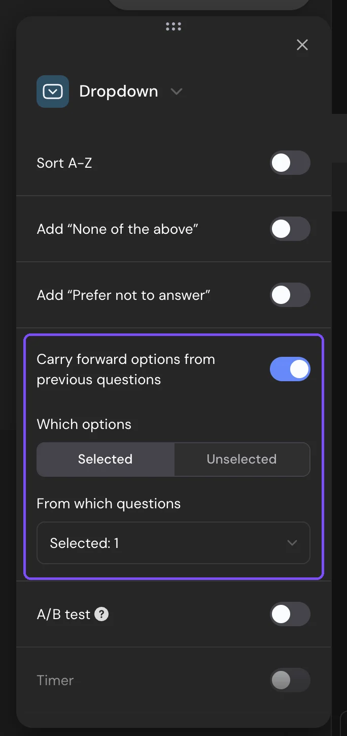 Dropdown settings with Carry forward options from previous questions turned on, Which options set to Selected and a source question chosen