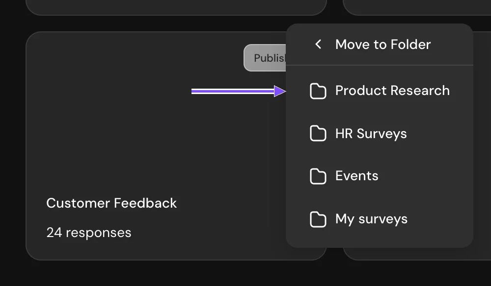 Move to Folder list next to a survey card with the workspaces to choose from
