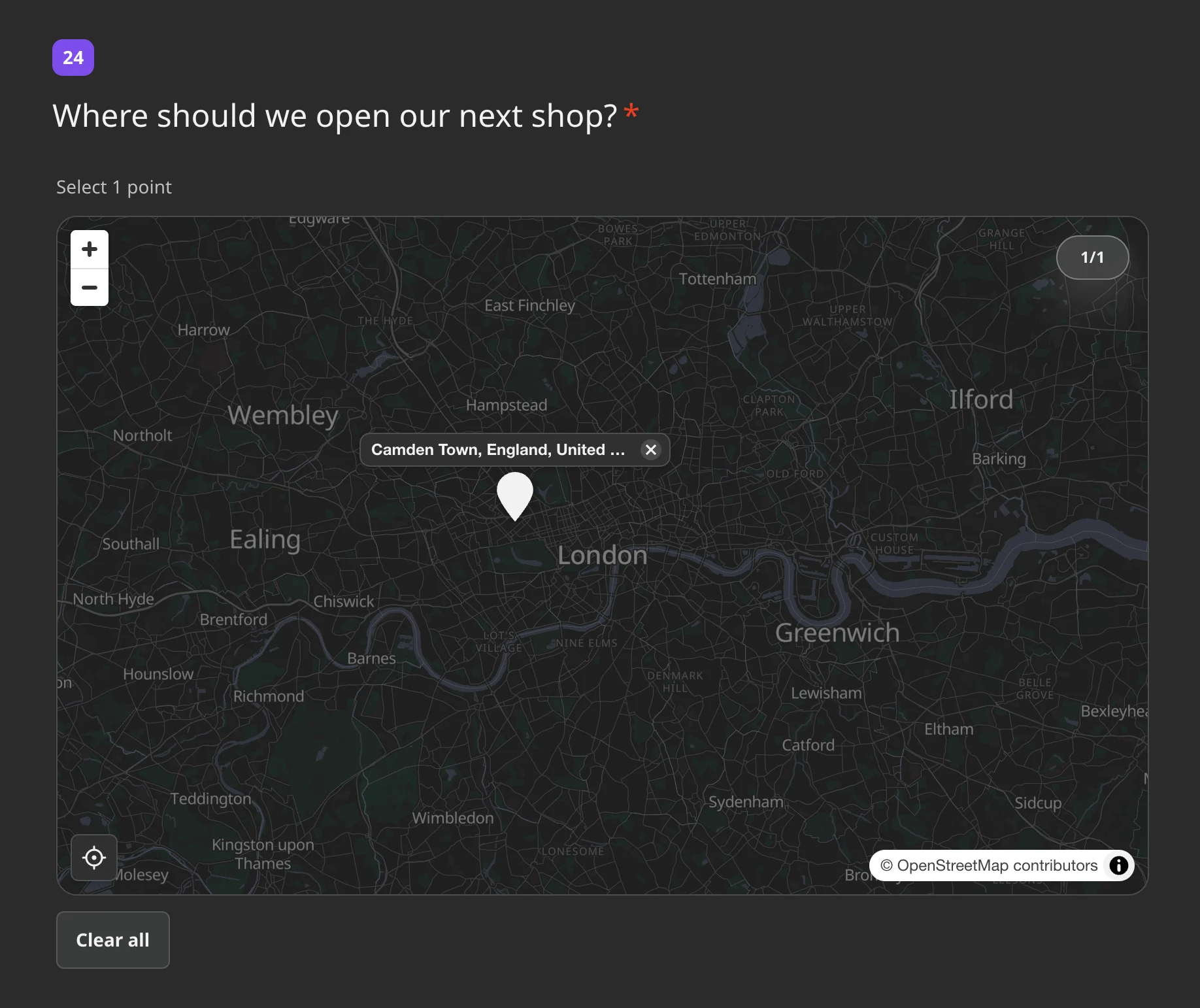 Map question in the survey with one mark and its place name