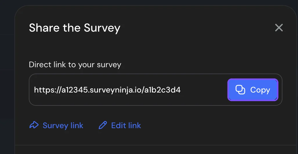 Share the Survey panel with the survey link and the Copy button