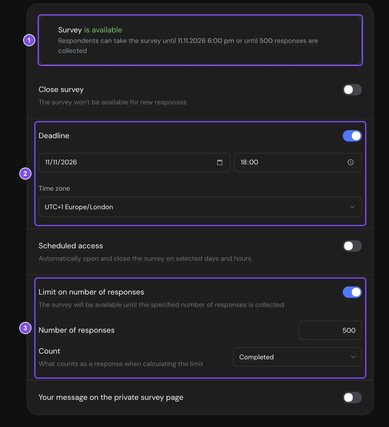 Seção Publicação e disponibilidade com o status, a data, a hora e o fuso horário do Limite de tempo e os campos do Limite de respostas