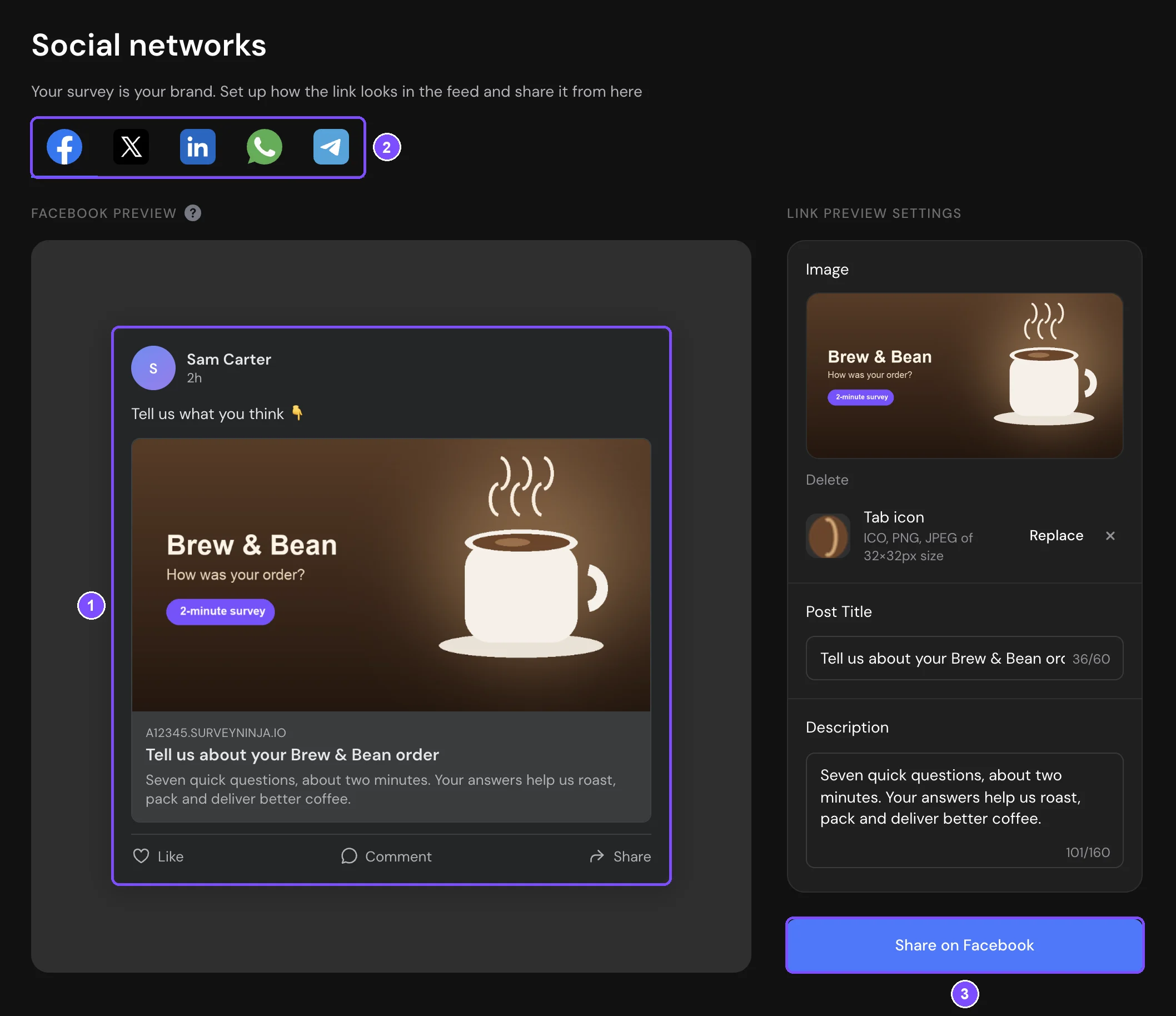Social media page with the network icons, the Facebook card preview, the Link preview settings and the Share on Facebook button