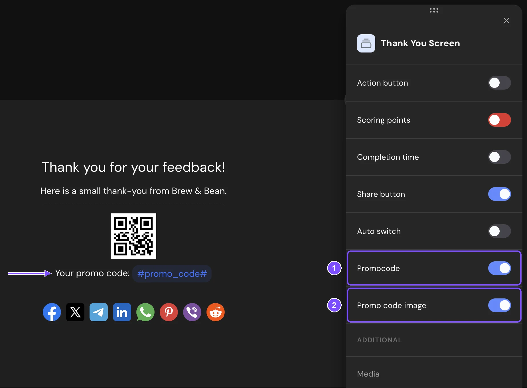 Thank You Screen in the builder with the QR code and the promo code line, and its settings with the Promocode and Promo code image switches