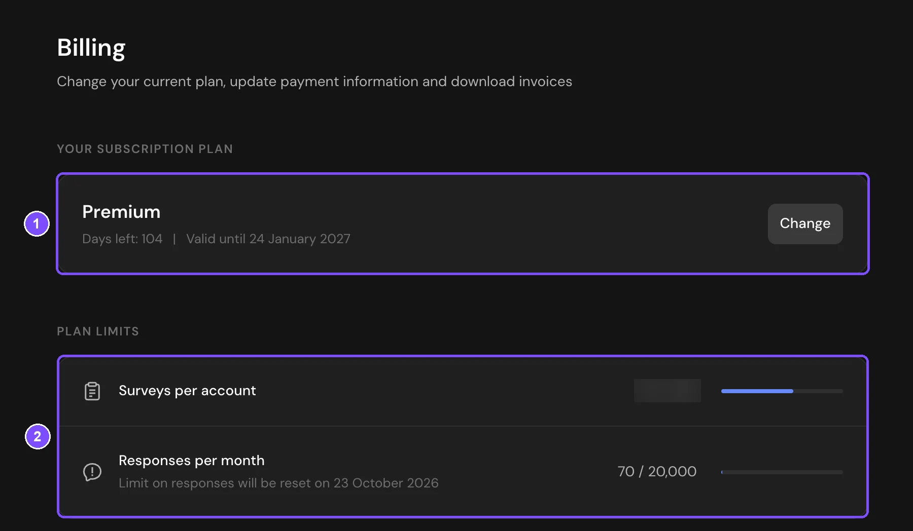 Billing page with the current plan, days left and plan limits