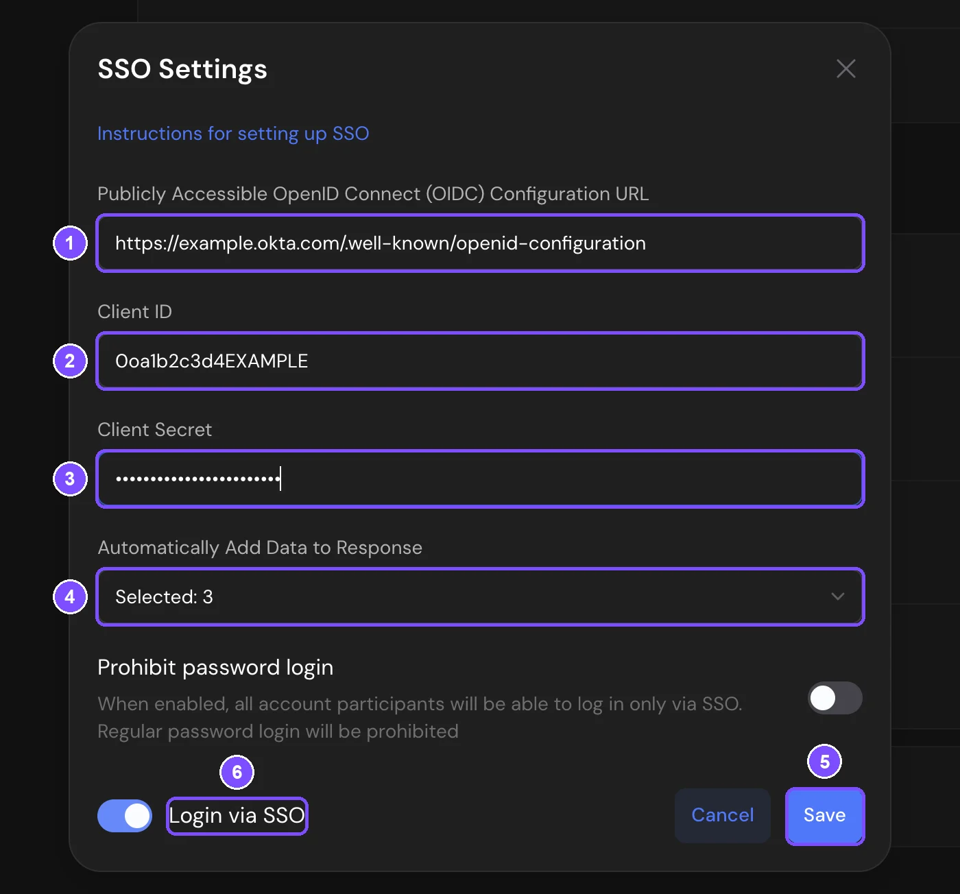 SSO Settings window with the provider fields and switches