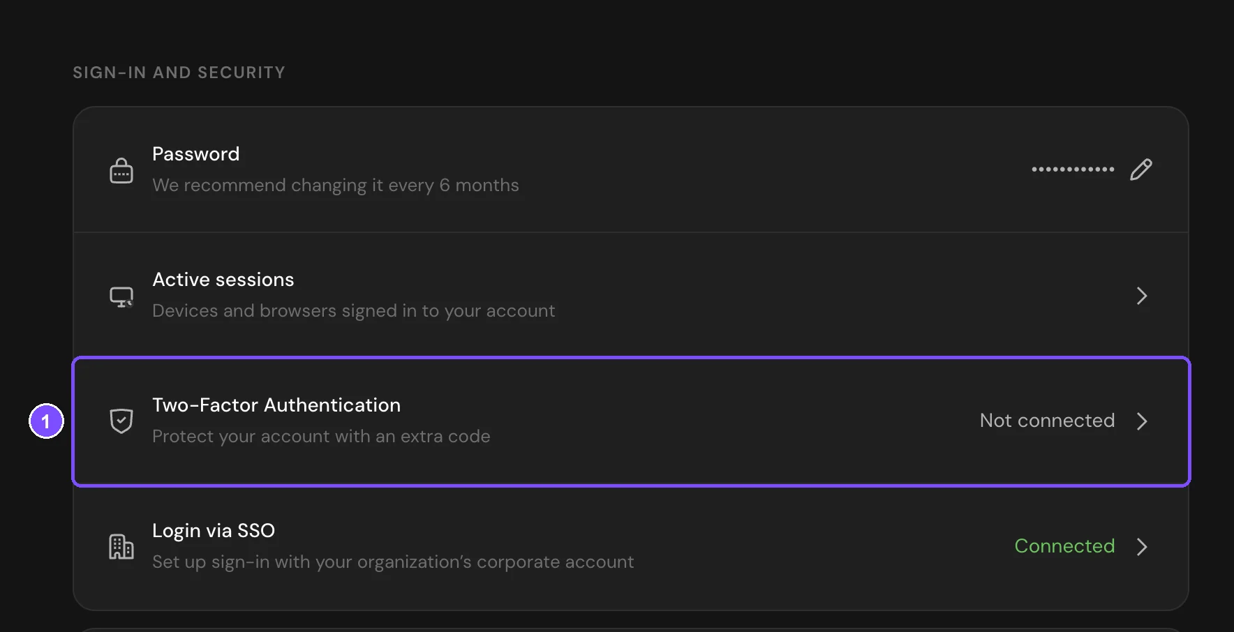 Sign-in and security section with the Two-Factor Authentication row