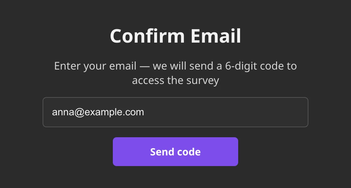 Confirm Email form with the email field and the Send code button that respondents see before the survey