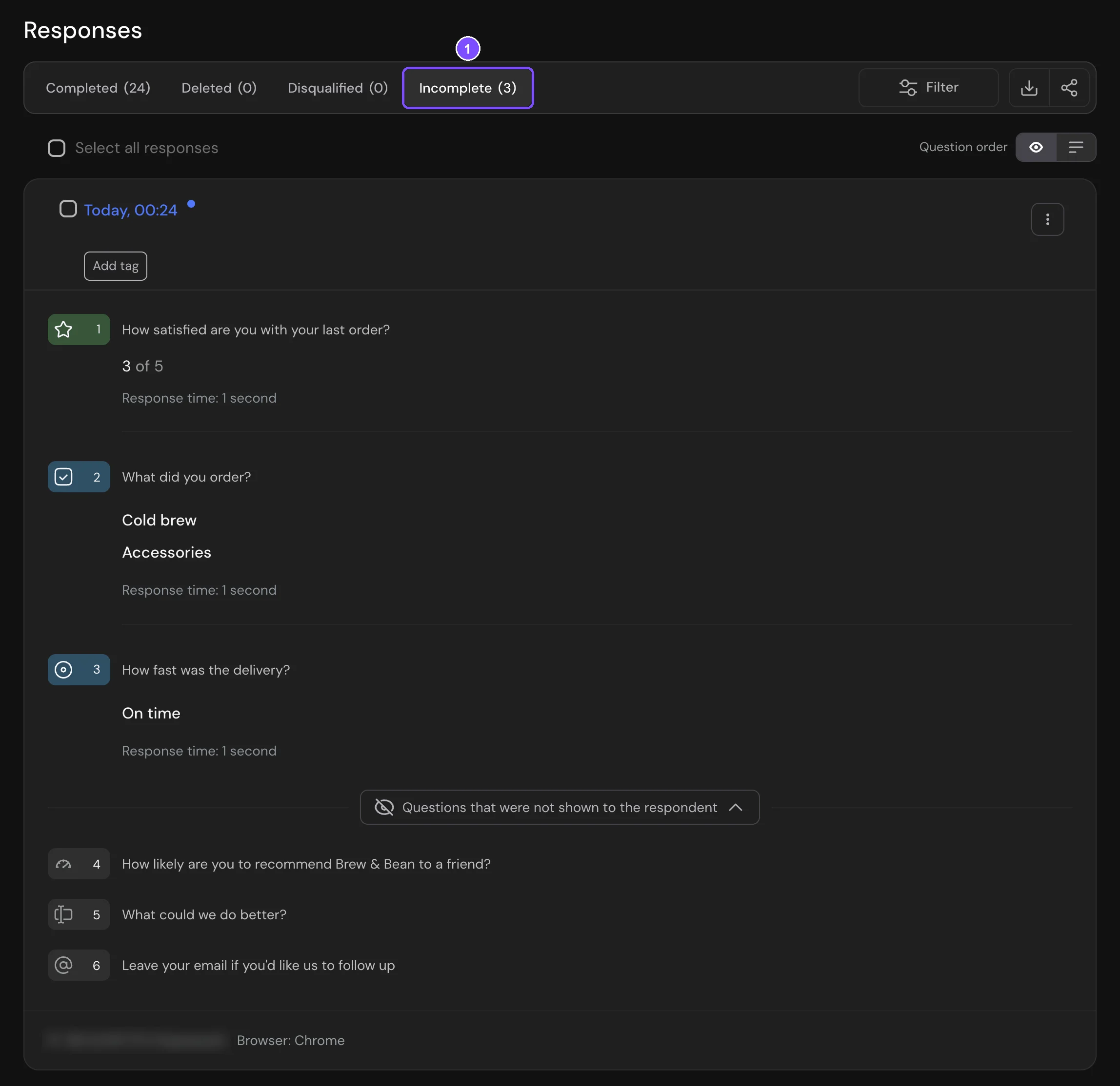 Incomplete tab in Responses with a response card