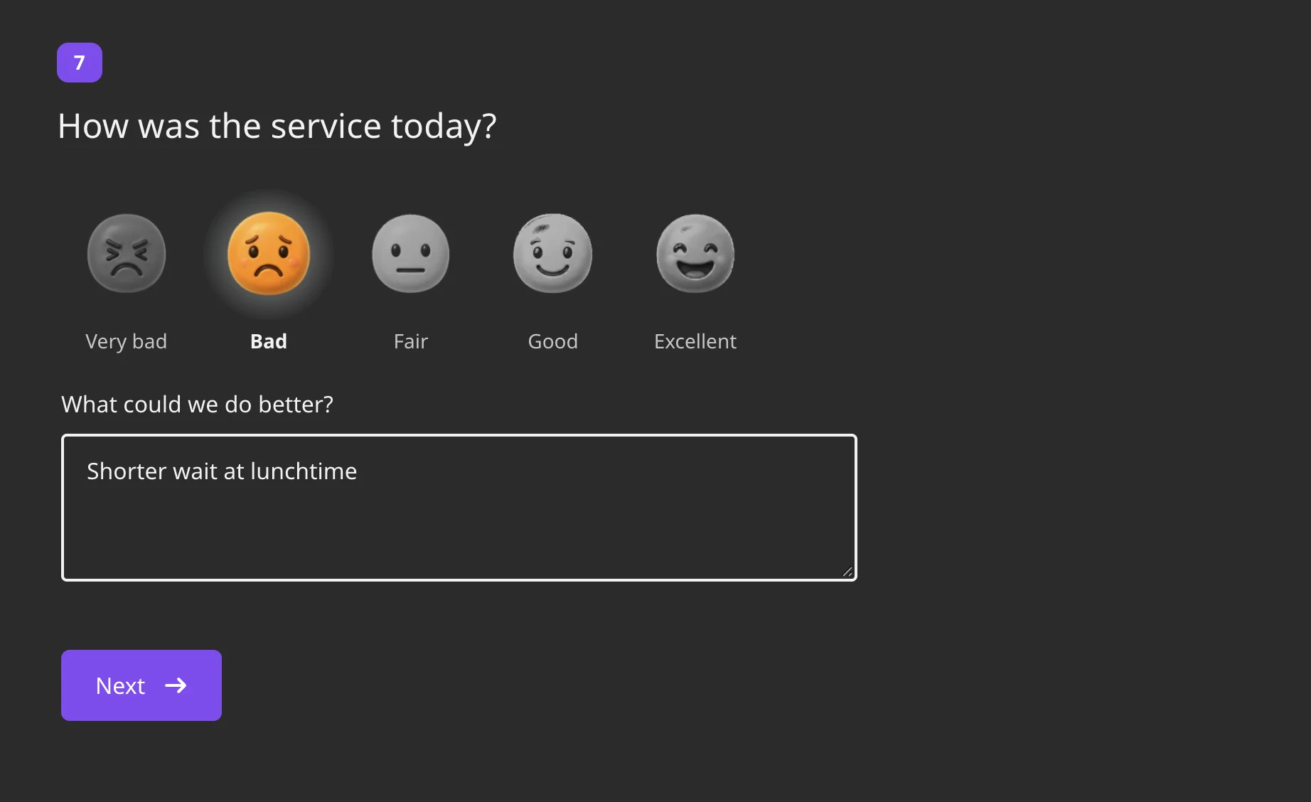 A Smile rating question on the survey page with one face selected and the follow-up question field under the faces