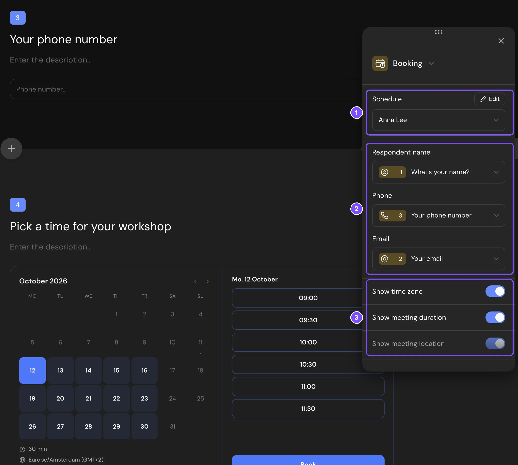 Booking question in the editor with its settings panel: Schedule with Edit, the contact questions and the display switches