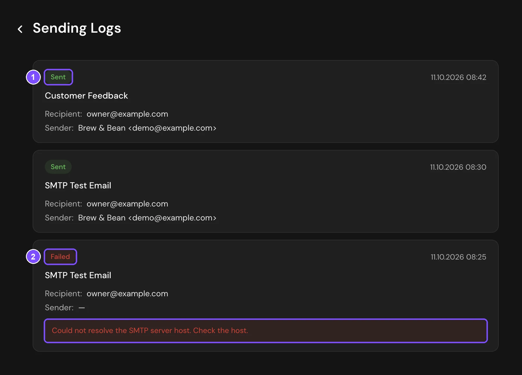 Sending Logs with a sent and a failed email