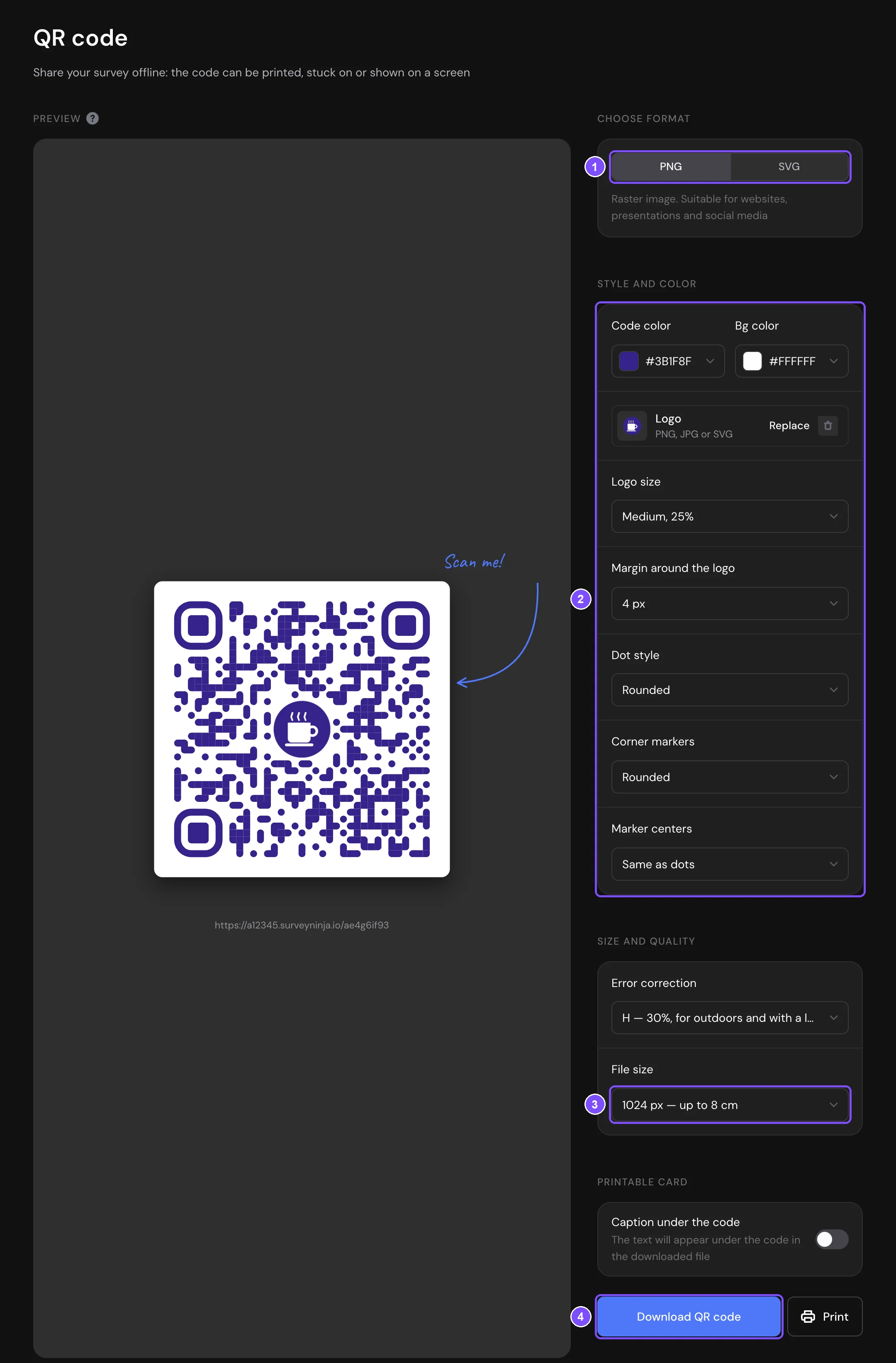 QR code section with the format switch, style settings, file size and the Download QR code button