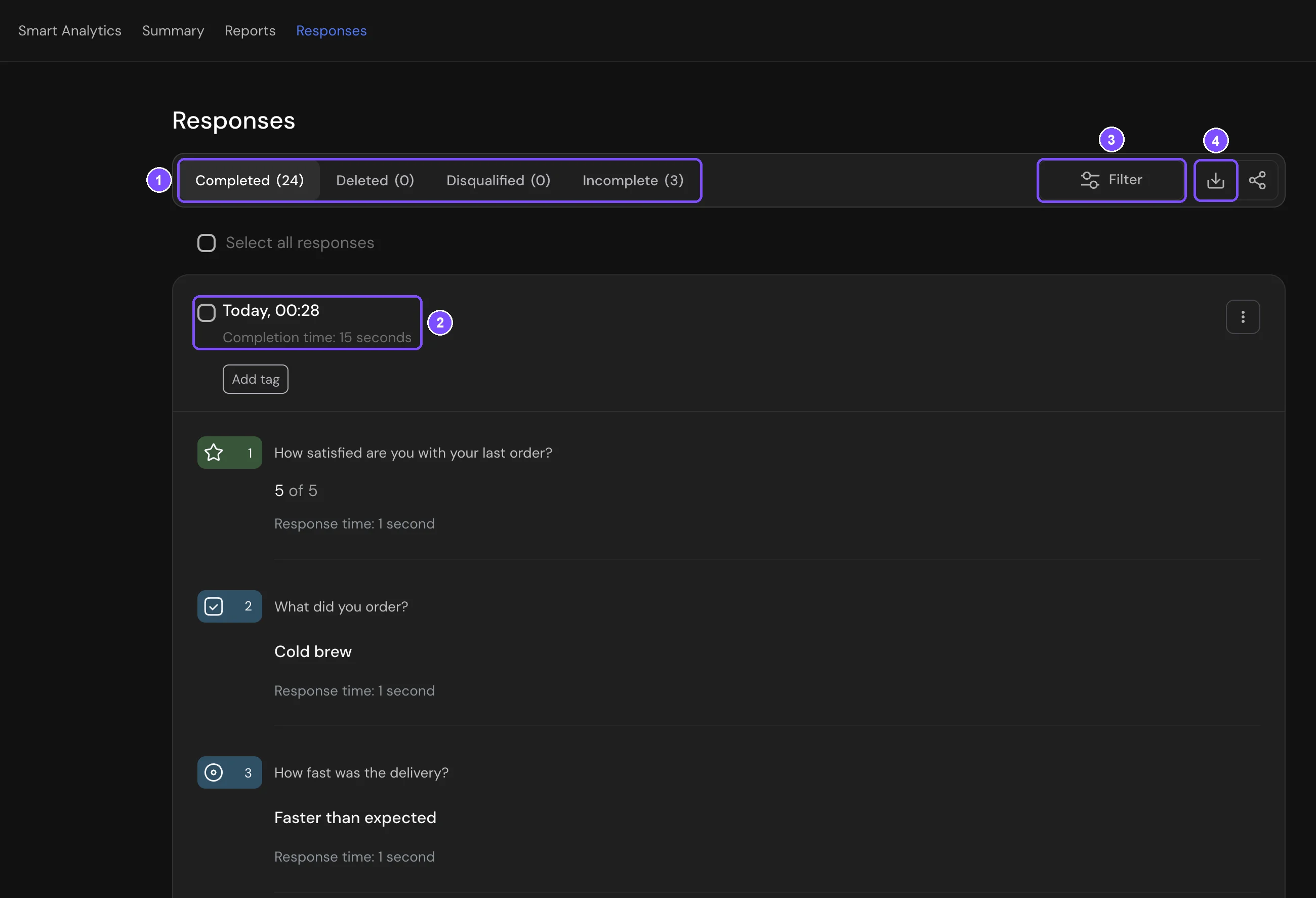 Responses tab with status tabs, toolbar and a response card