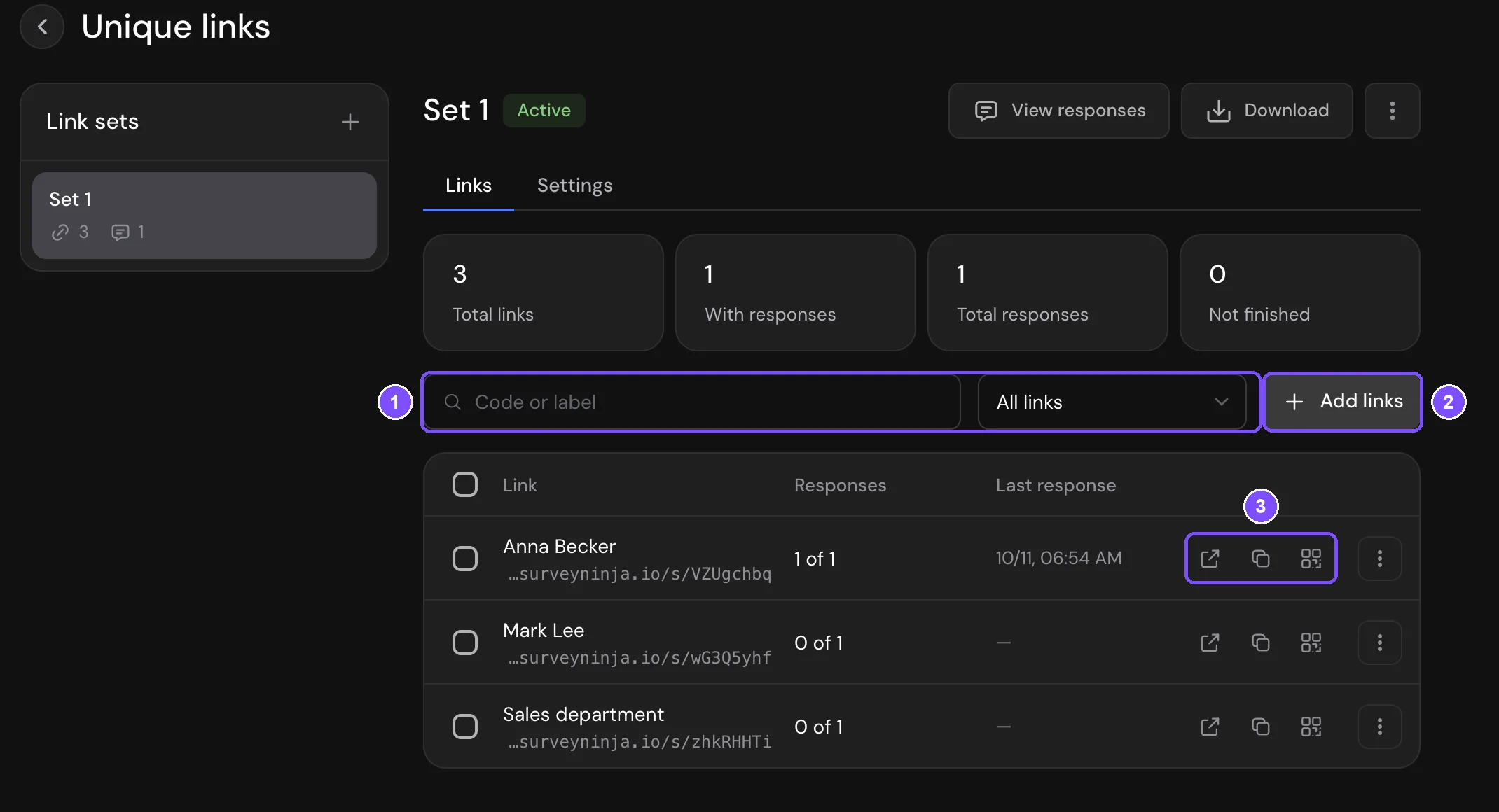 Link set with the Links and Settings tabs, the filters, the Add links button and a row of link actions