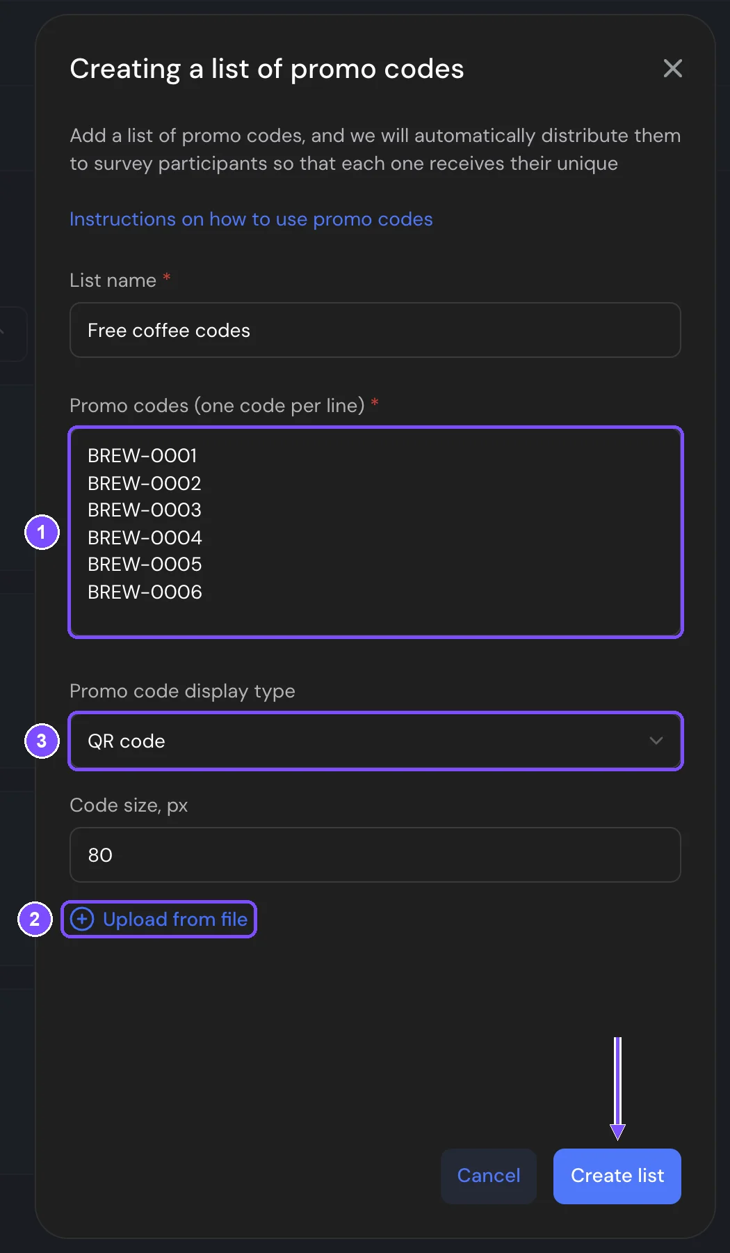 Creating a list of promo codes panel with the list name, codes, display type and Upload from file