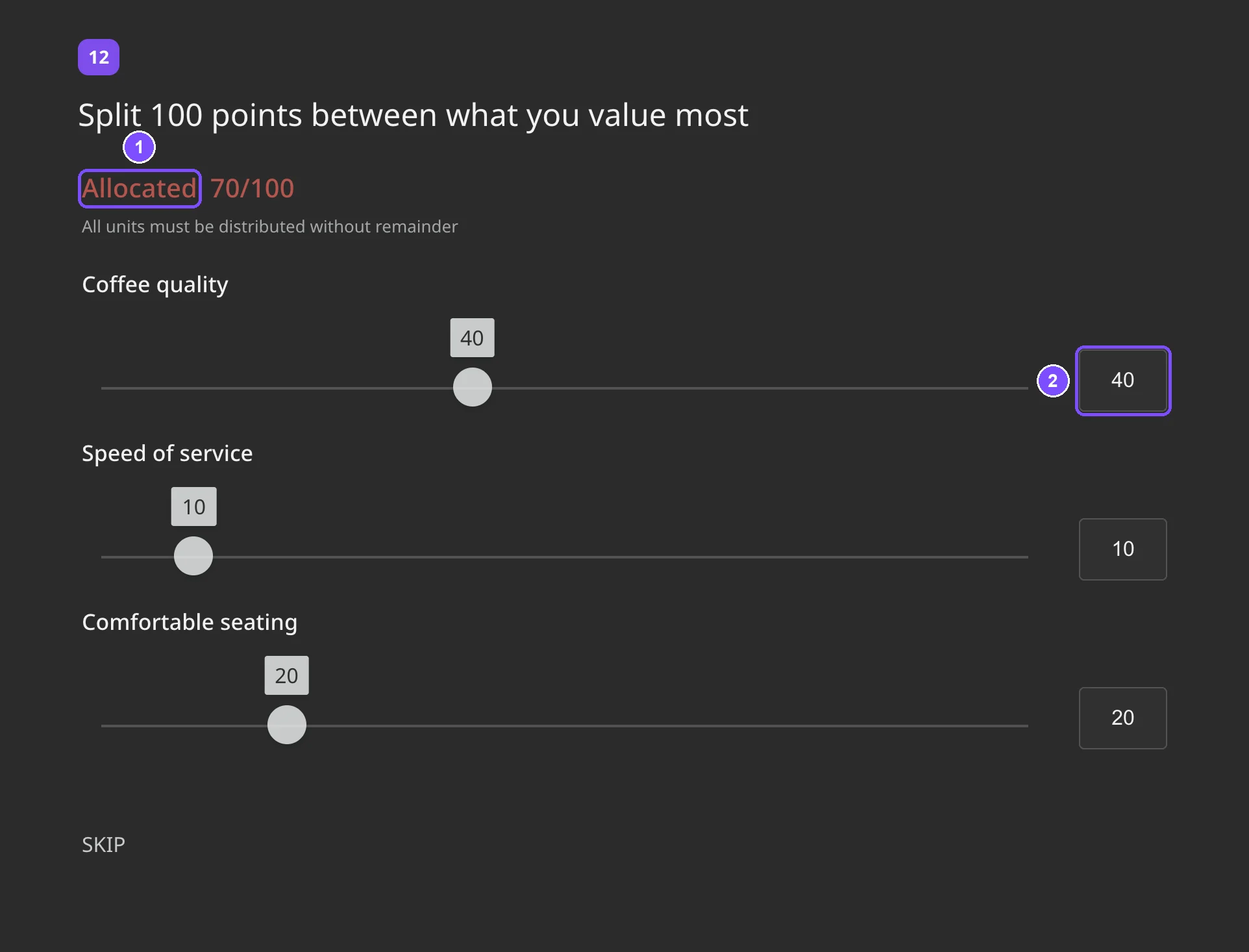 An allocation slider in the survey with the counter at 70/100 and three sliders with number fields