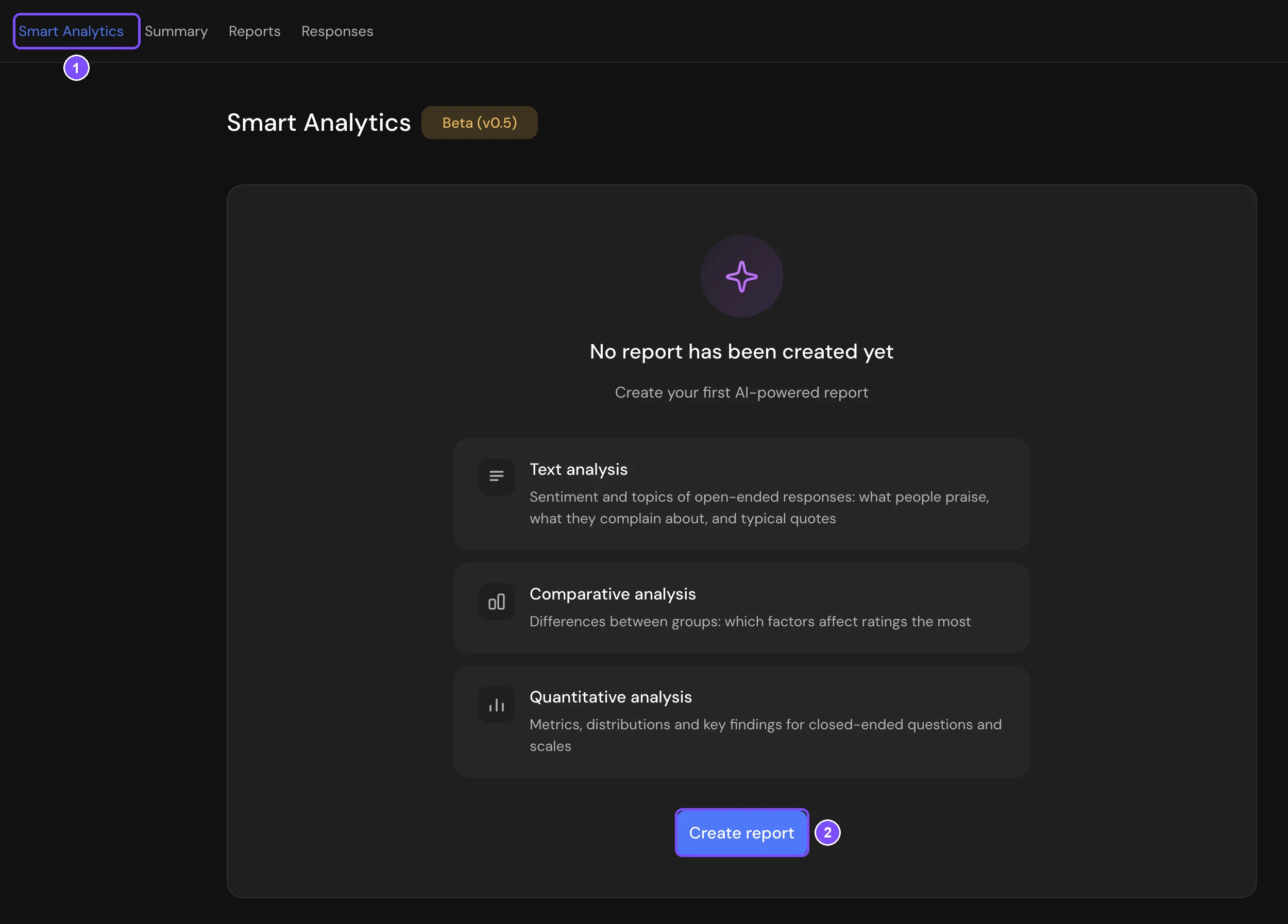 Smart Analytics start screen with the three report sections and the Create report button