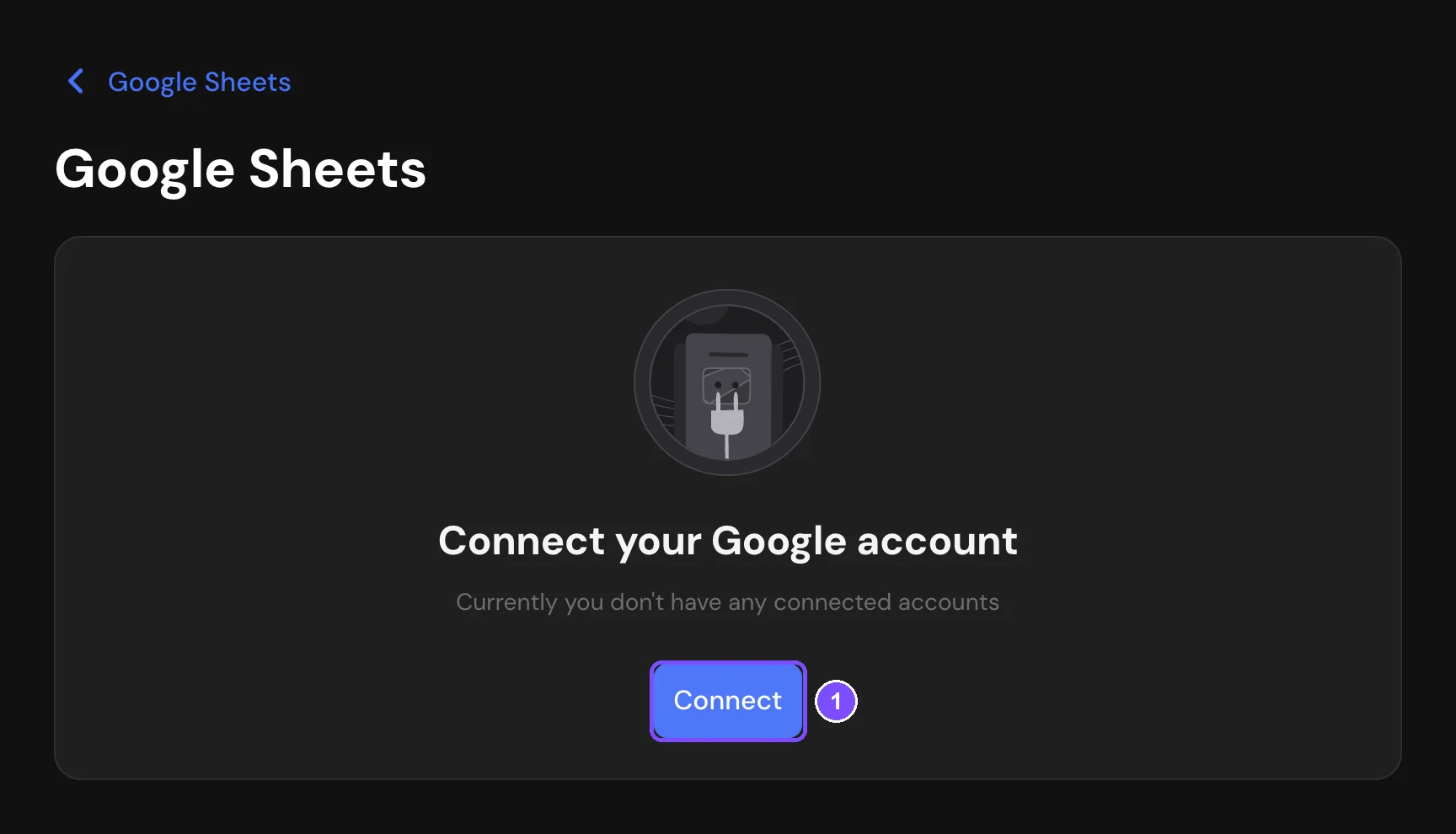 Google Sheets integration screen with the Connect button