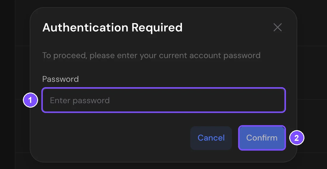 Authentication Required window with the password field and the Confirm button