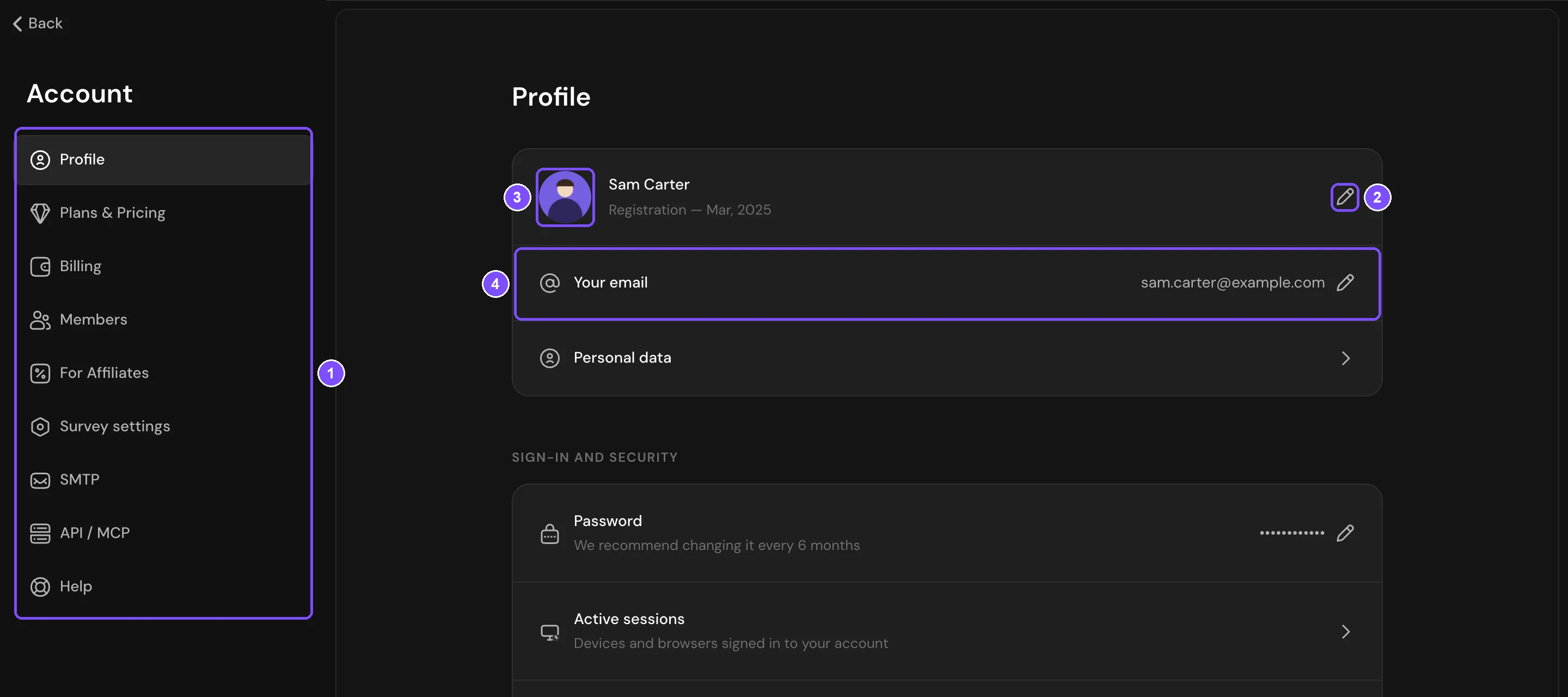 Account page with the section list and the Profile section: photo, name, Your email and Personal data