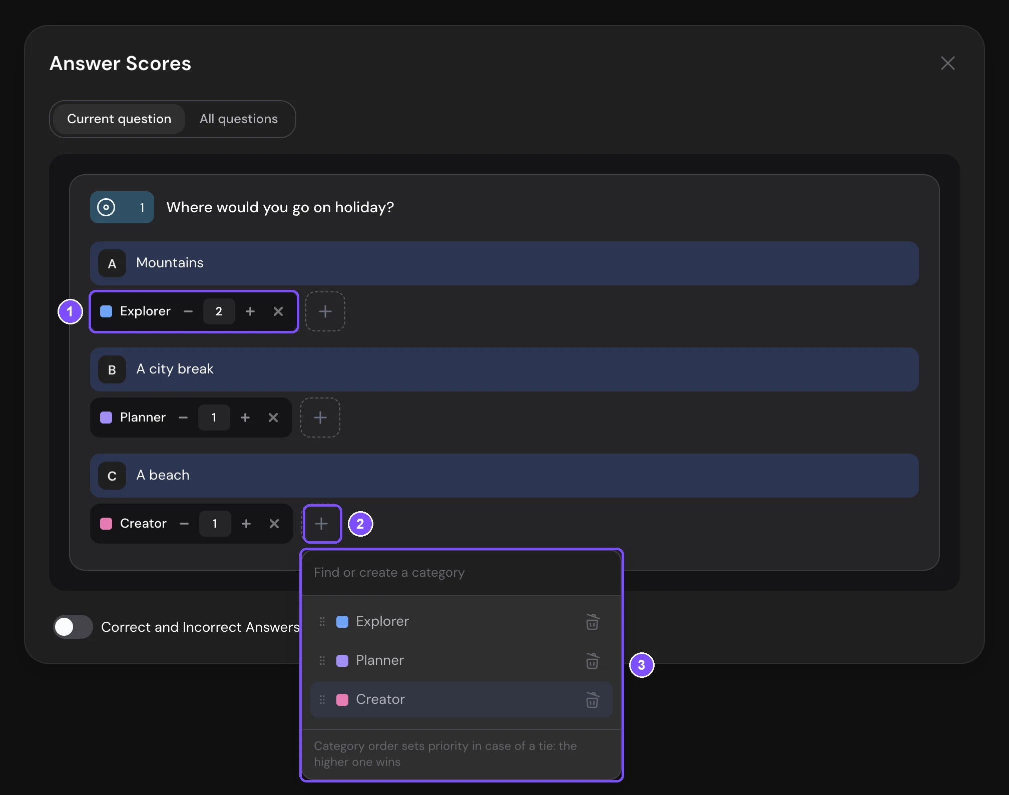 Categories mode with category chips and weights under the options and the open category list with the hint about the order