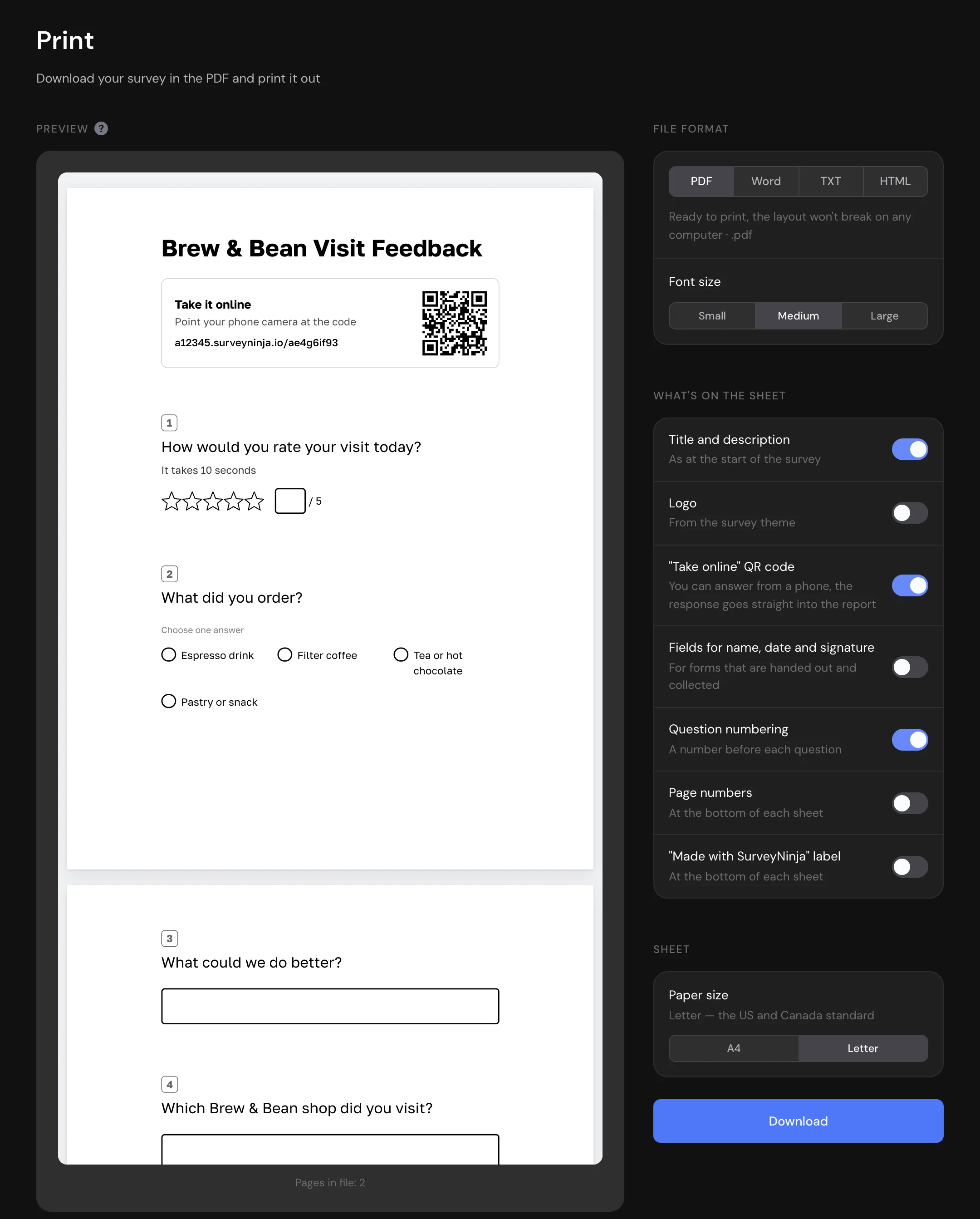 Print section with the PDF preview on the left and the file format, sheet content and paper size settings on the right