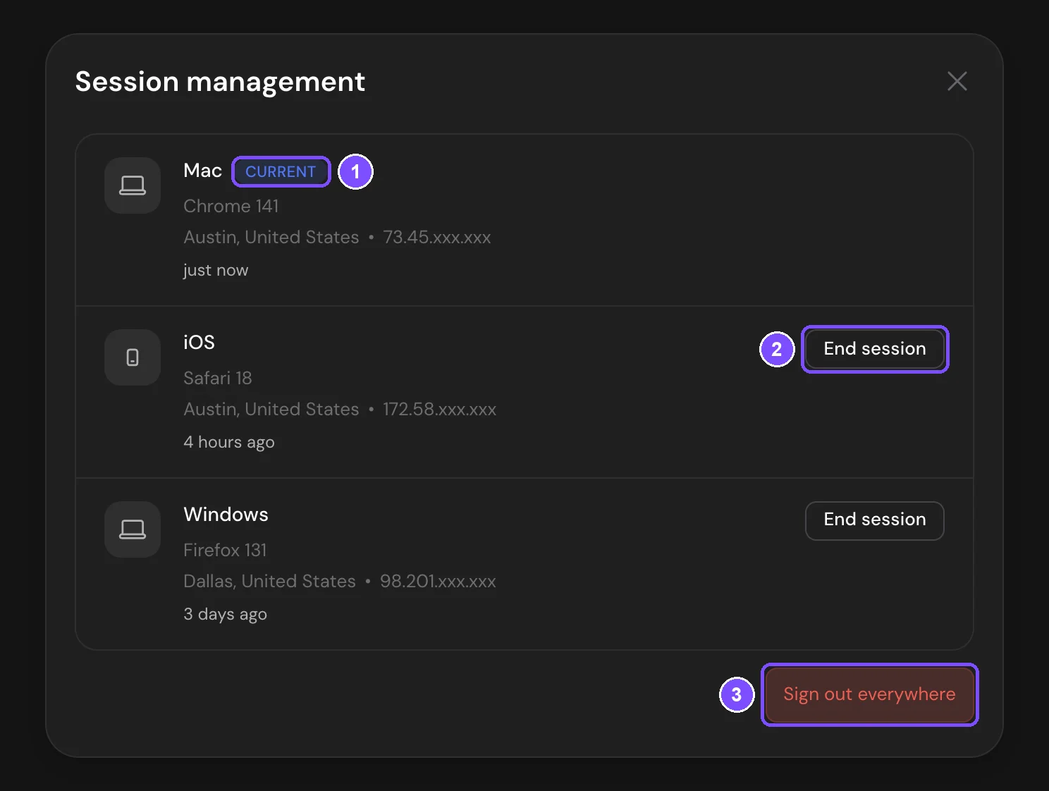 Session management window with the current session, another device and the End session and Sign out everywhere buttons