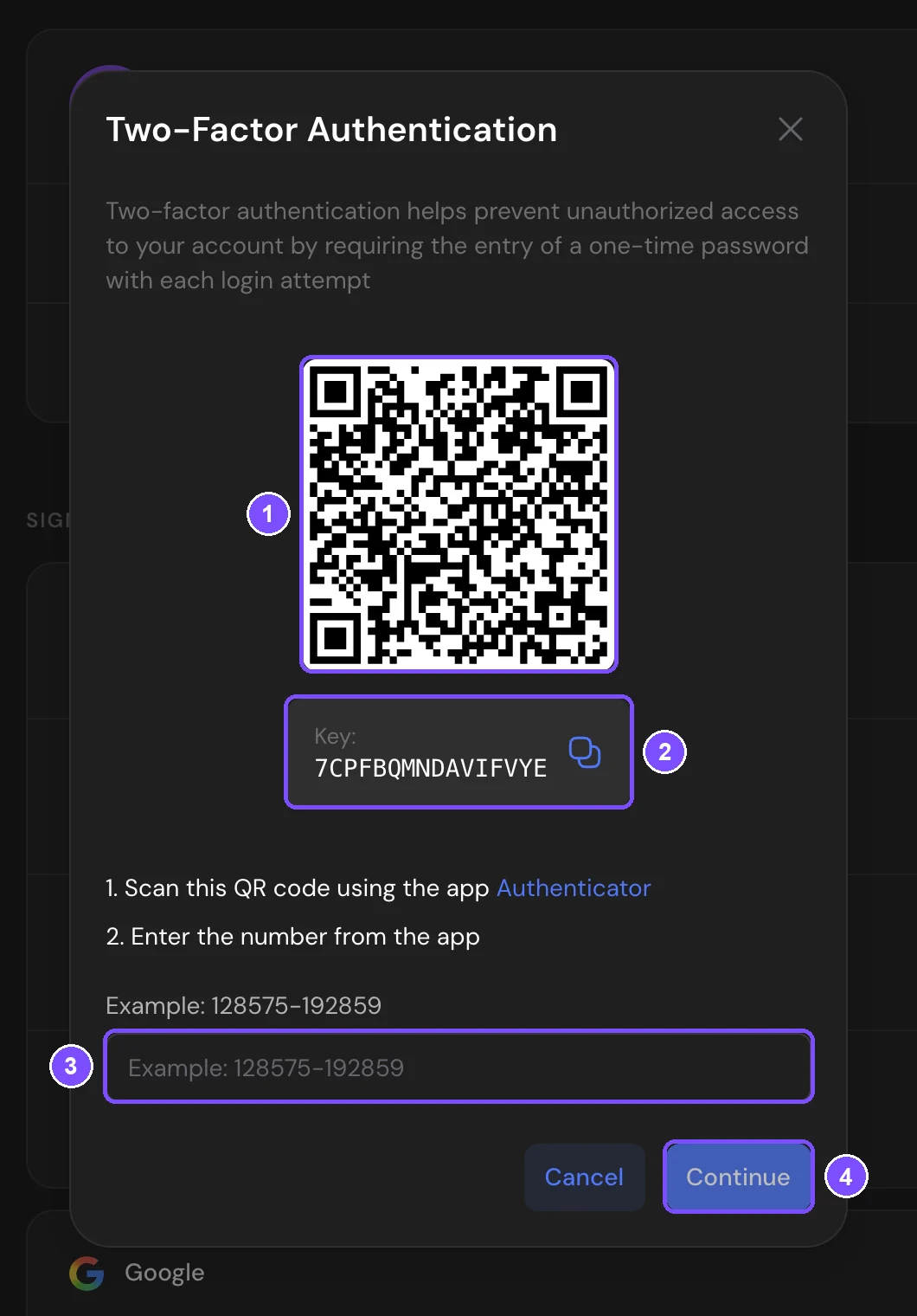 Two-Factor Authentication window with the QR code, the Key, the code field and the Continue button
